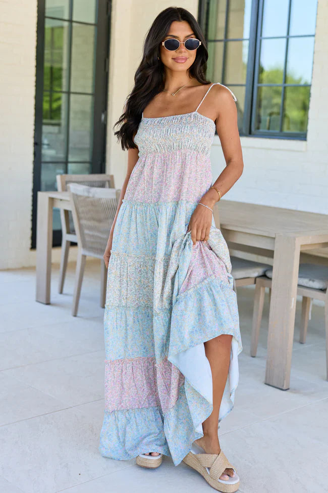 Essie Tiered Pastel Floral Tiered Maxi Dress