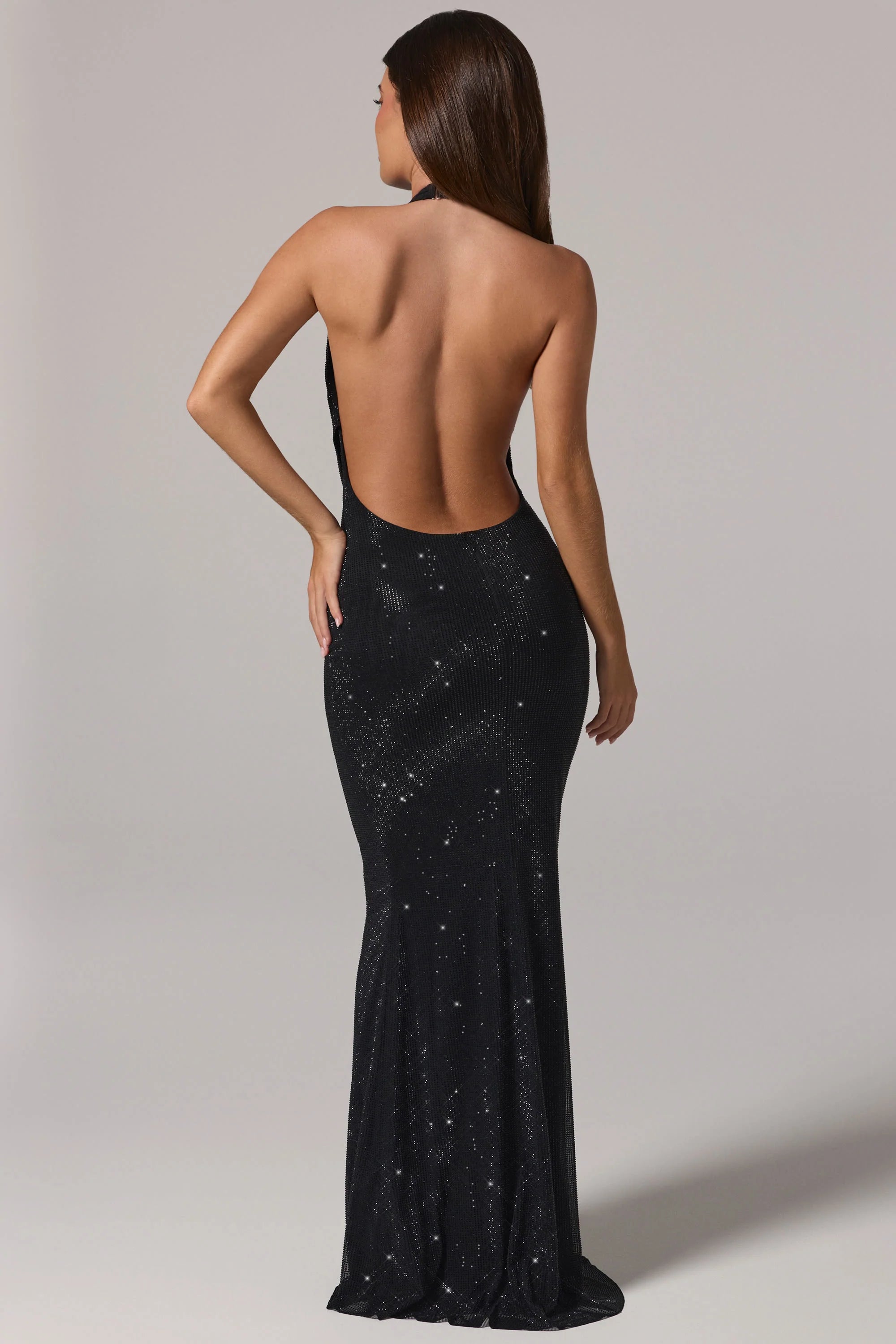 Embellished Cowl Neck Backless Gown in Black