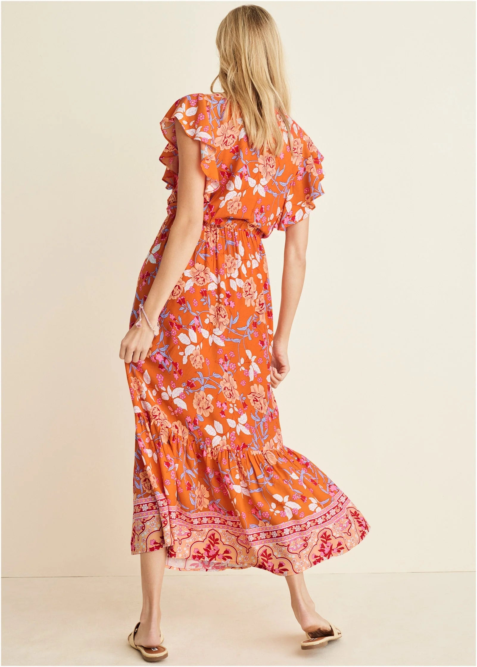 Flutter Sleeve Midi Dress Orange Multi