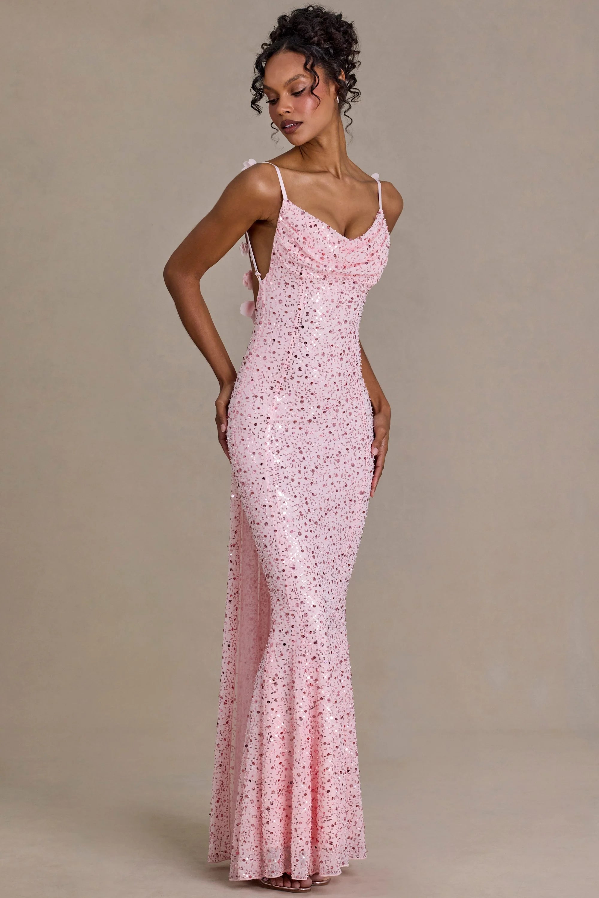 Embellished Open Back Maxi Dress in Baby Pink