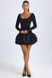 Modal Scoop Neck Drop Waist Bubble Hem Mini Dress in Black