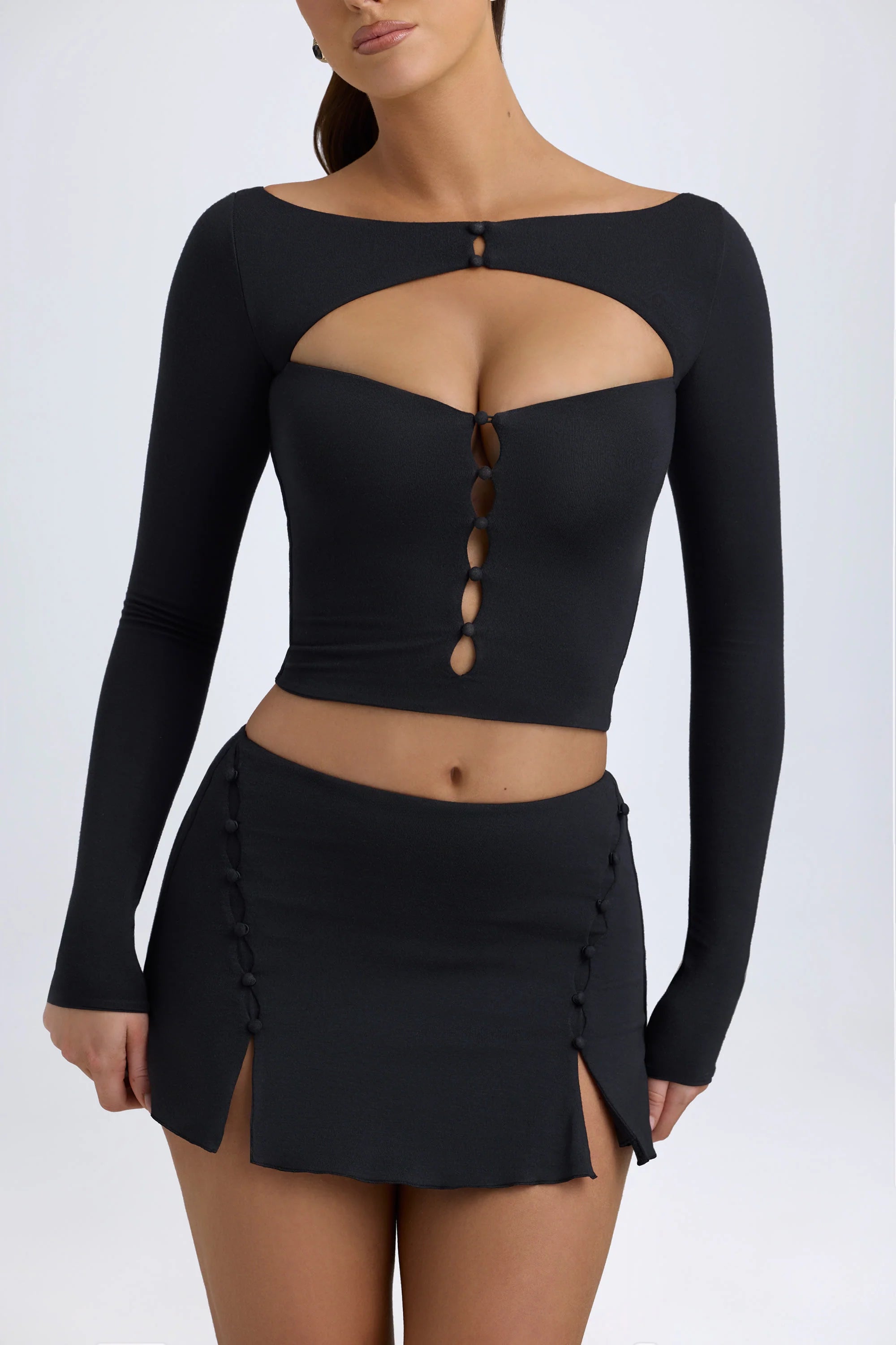 Modal Button Detail Low Rise Mini Skirt in Black