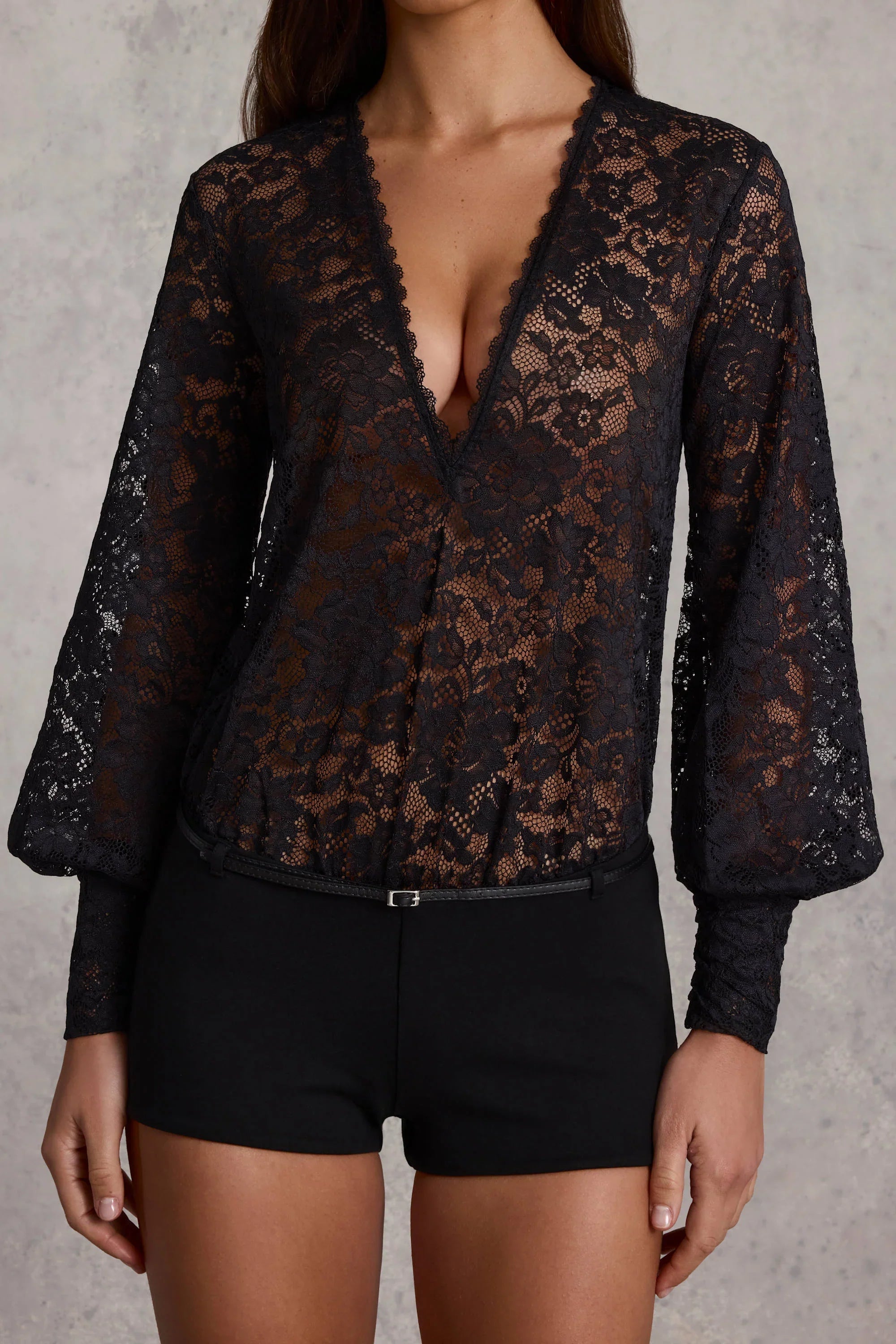 Sheer Lace Plunge Neck Loose Fit Playsuit in Black