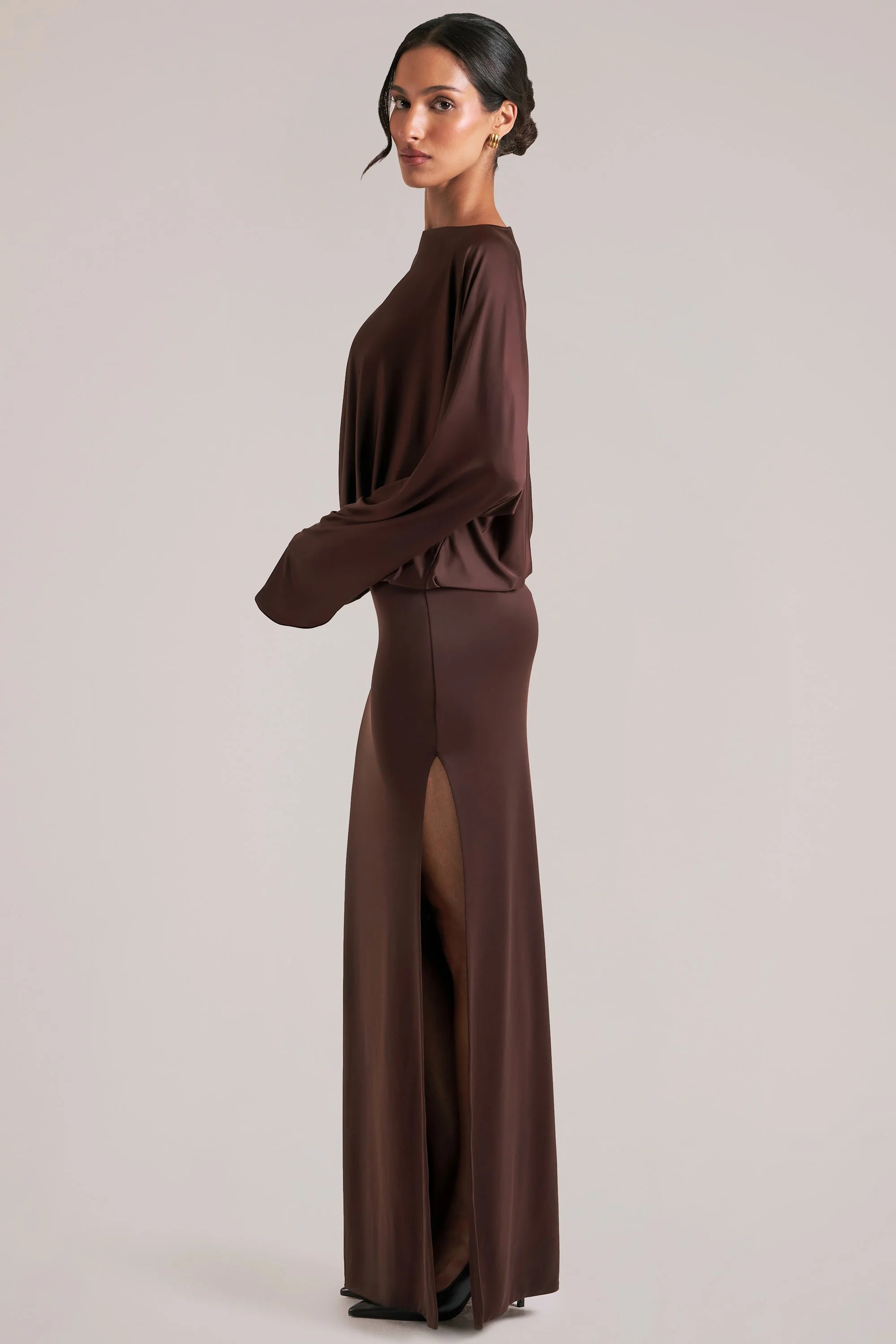 Long Sleeve Draped Maxi Dress in Chocolate Brown