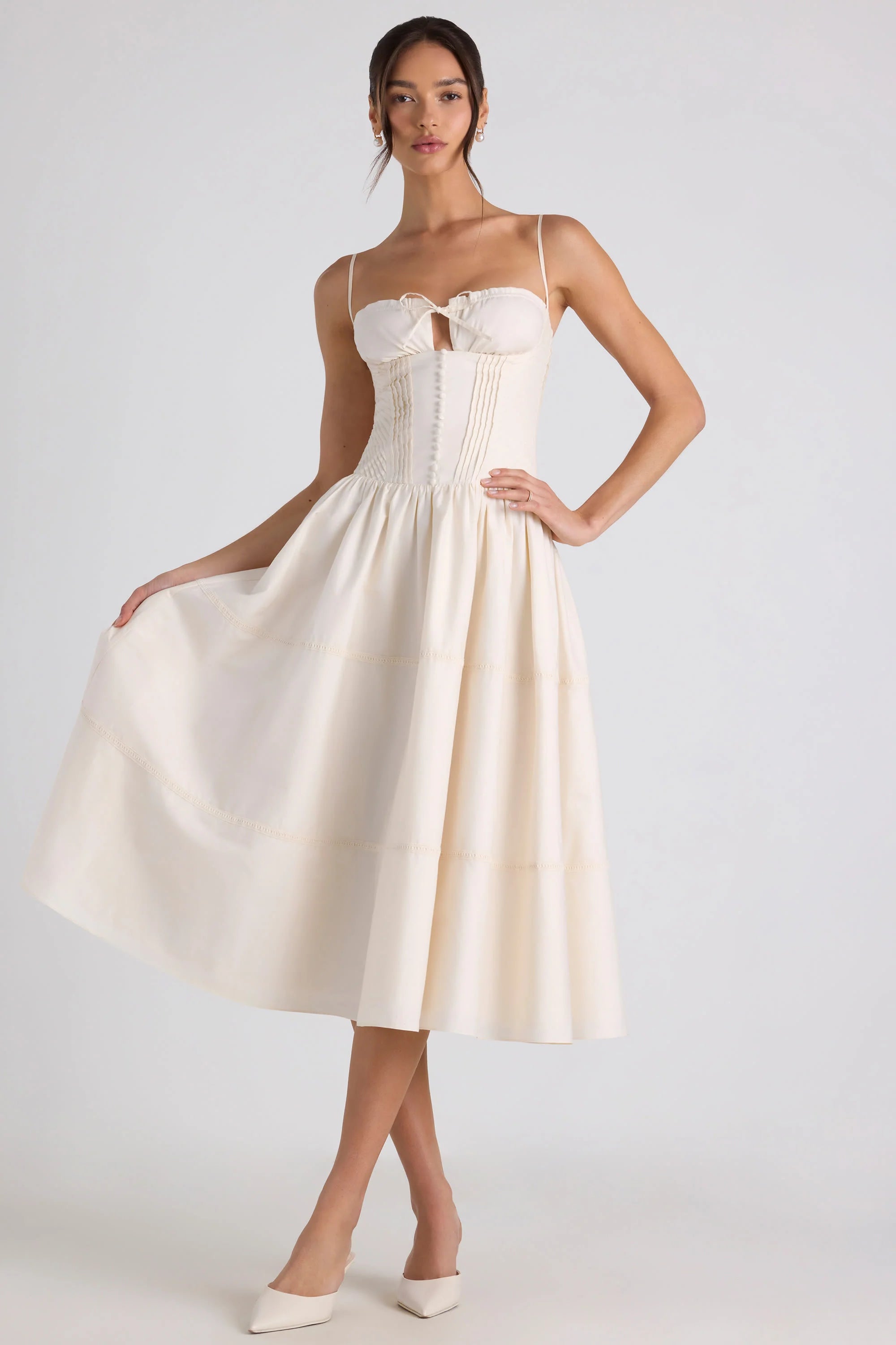 Lace Trim Pintucked Poplin Midaxi Dress in Ivory