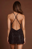 Embellished Halterneck Cowl A line Mini Dress in Black