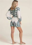 Linen Tie Waist Romper White Multi