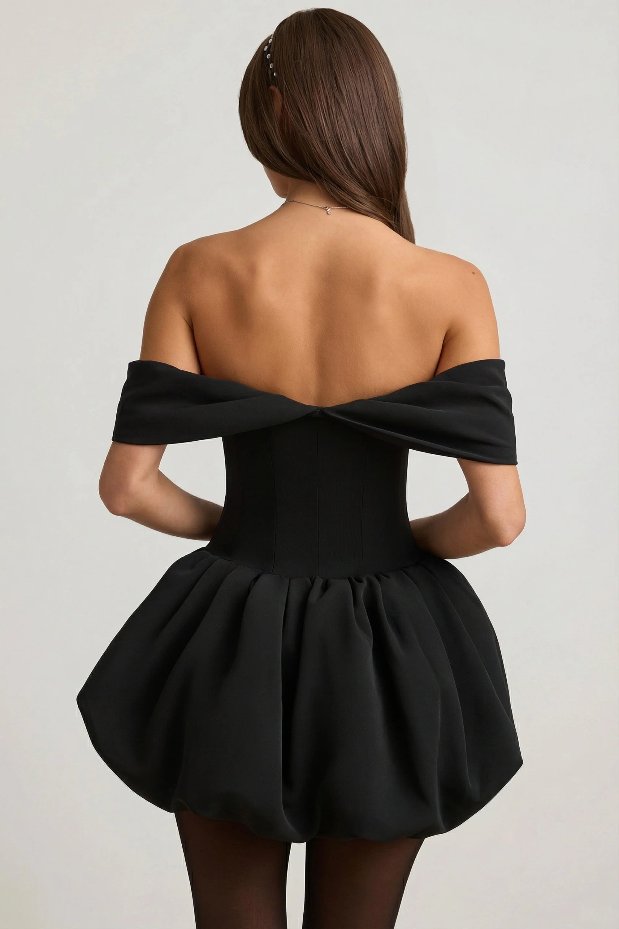 Off Shoulder Layered Bubble Hem Corset Mini Dress in Black