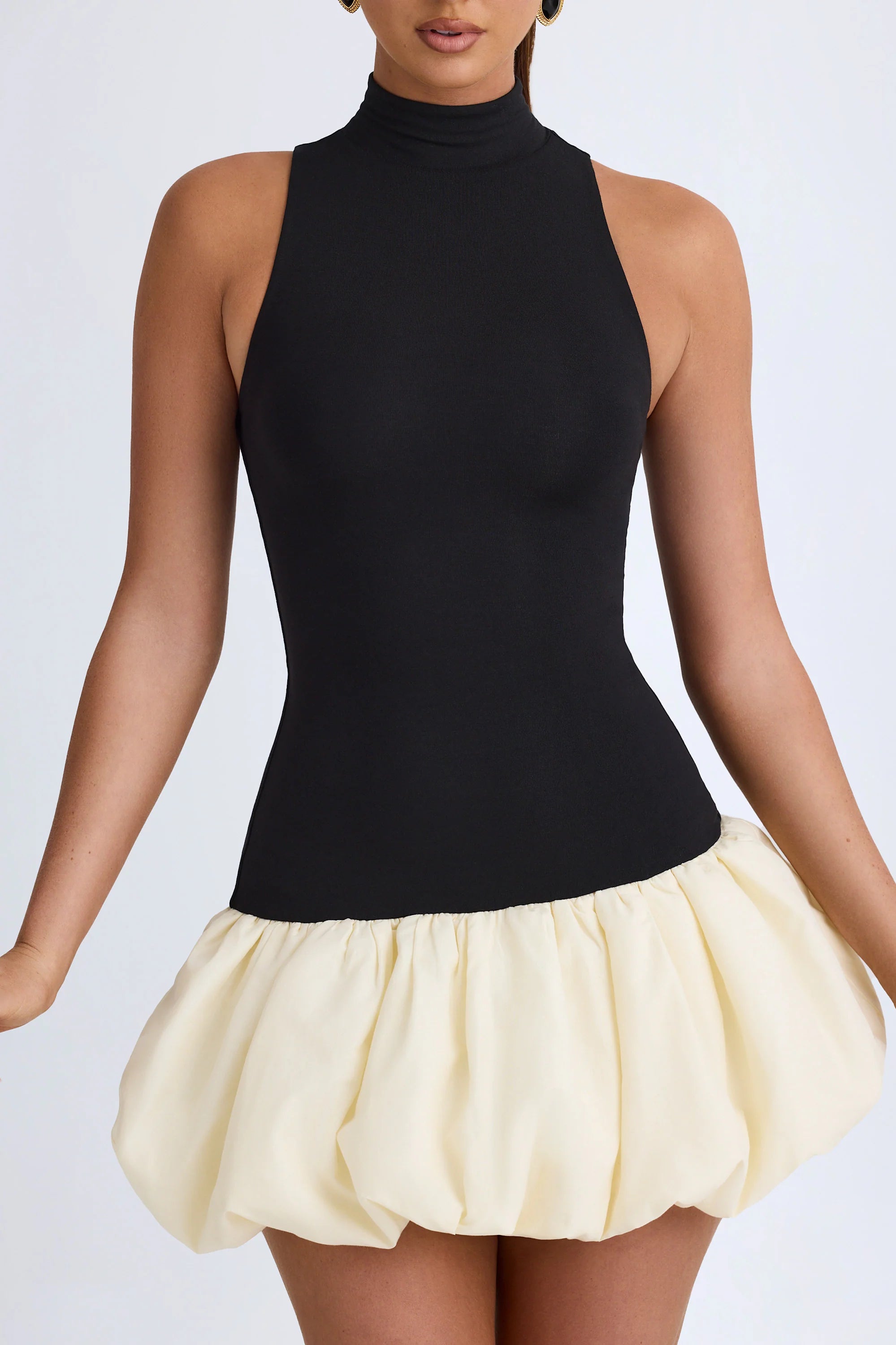 Modal Turtleneck Drop Waist Bubble Hem Mini Dress in Black