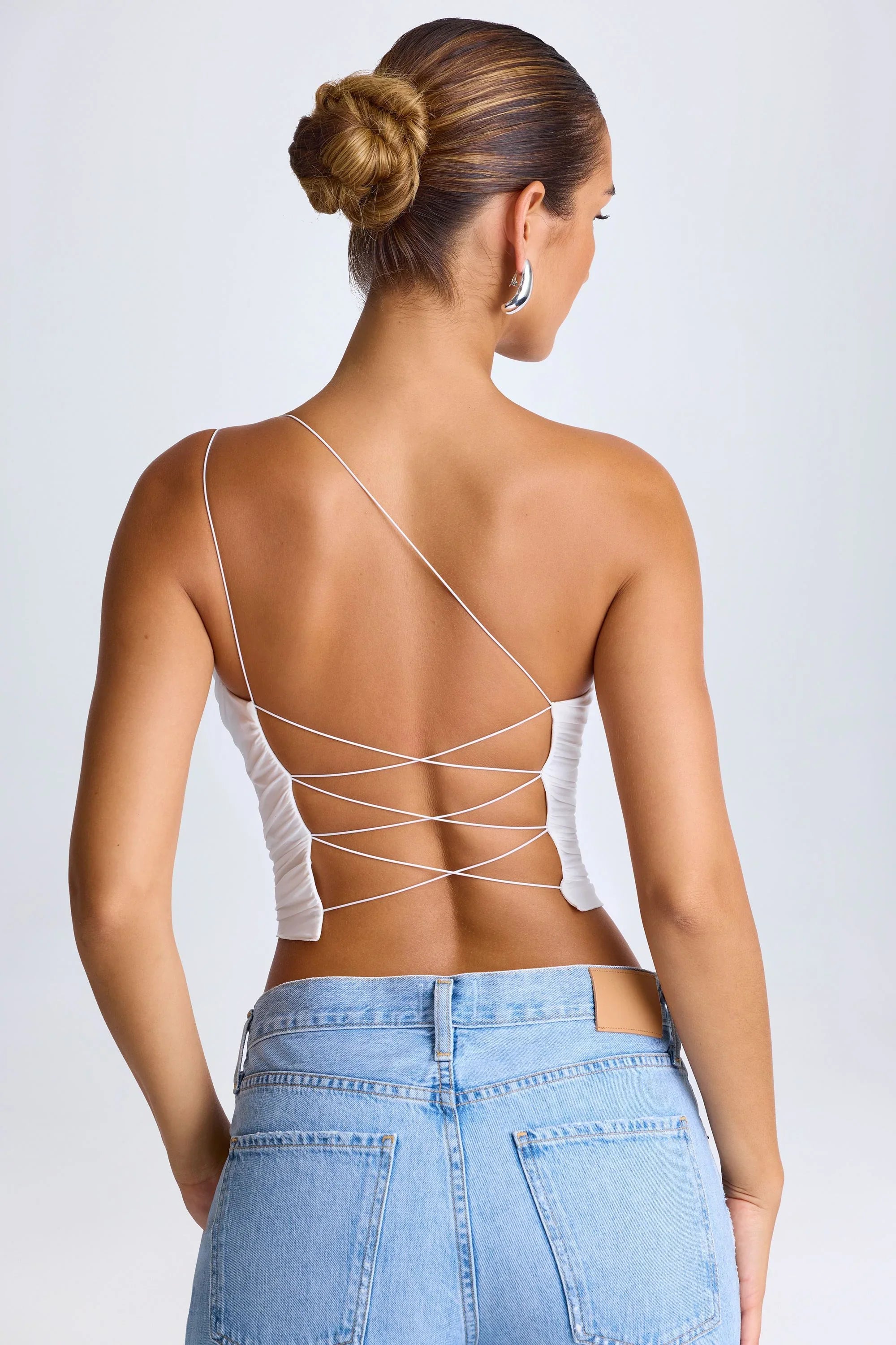 One Shoulder Lace Up Top in White