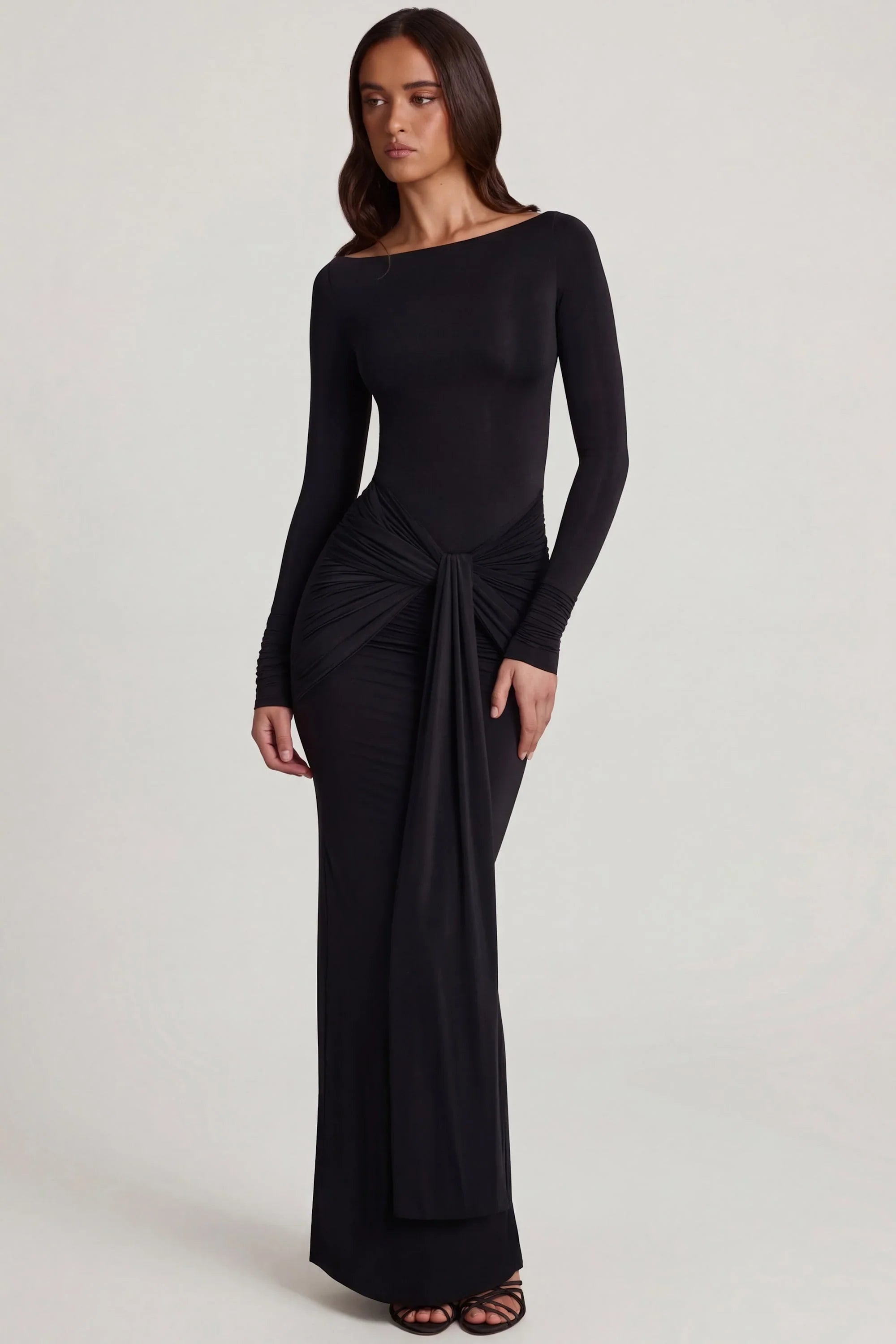 Soft Jersey Boat Neck Tie Gather Maxi Dress in Black