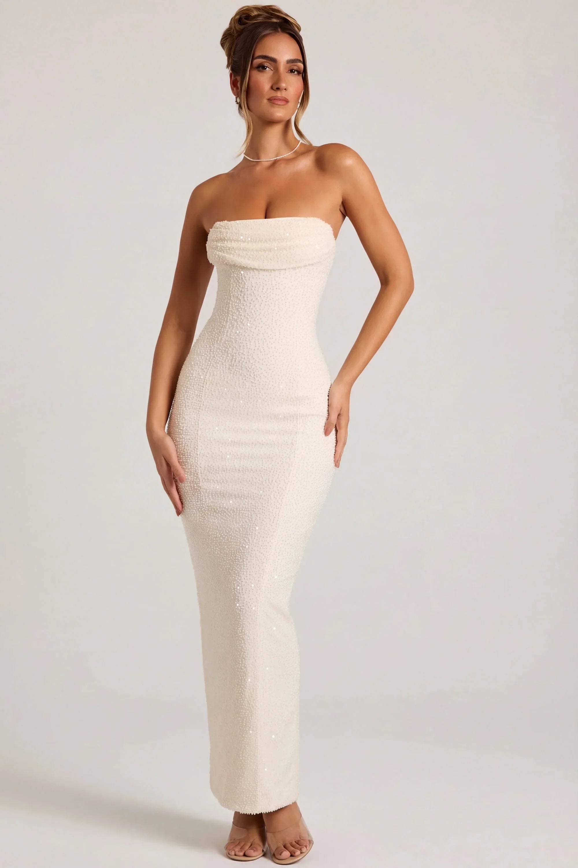 Embellished Bandeau Cowl Neck Maxi Dress in White