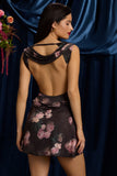 Draped Open Back A Line Mini Dress in Black Floral Print