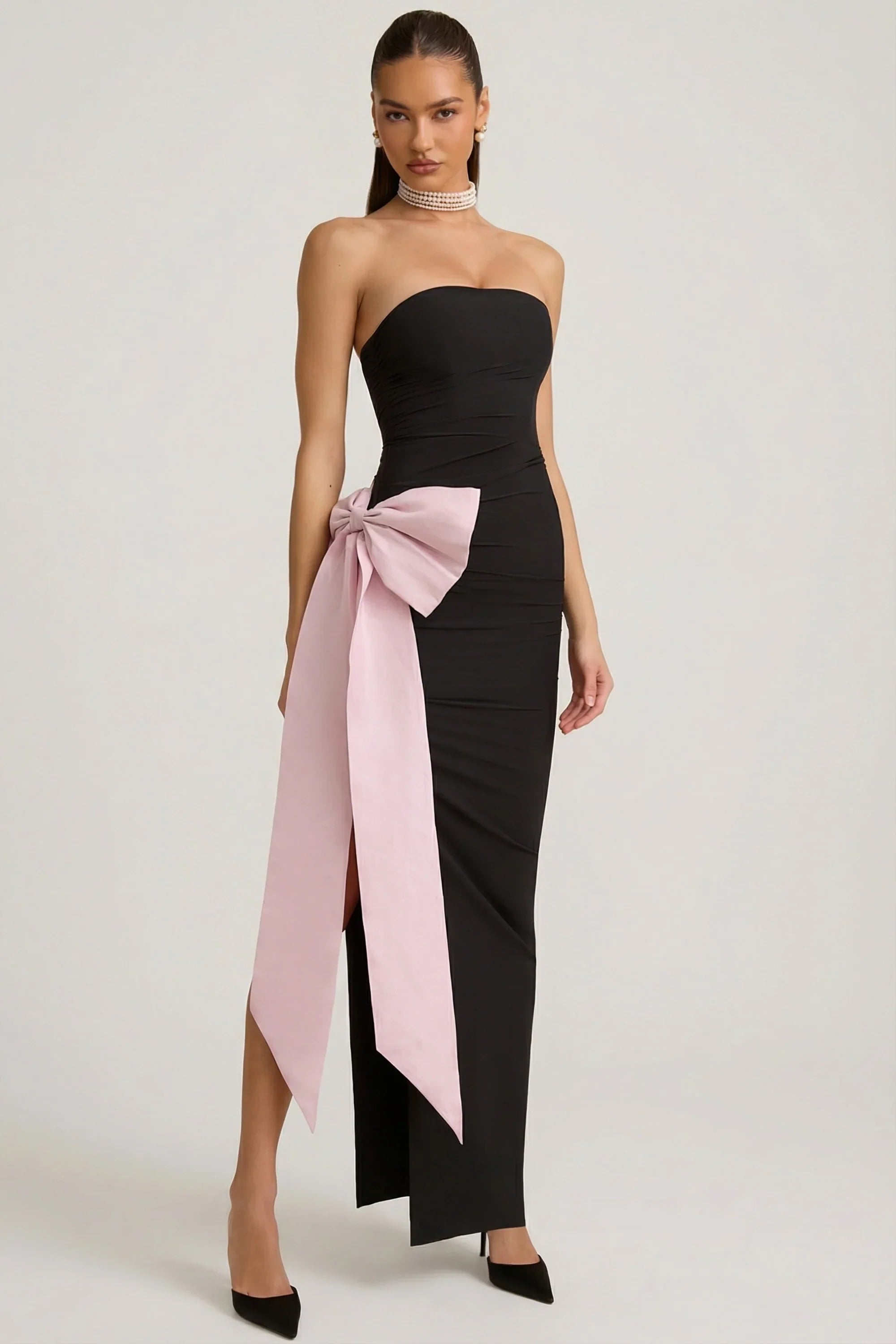 Strapless Bow Detail Maxi Dress in Black