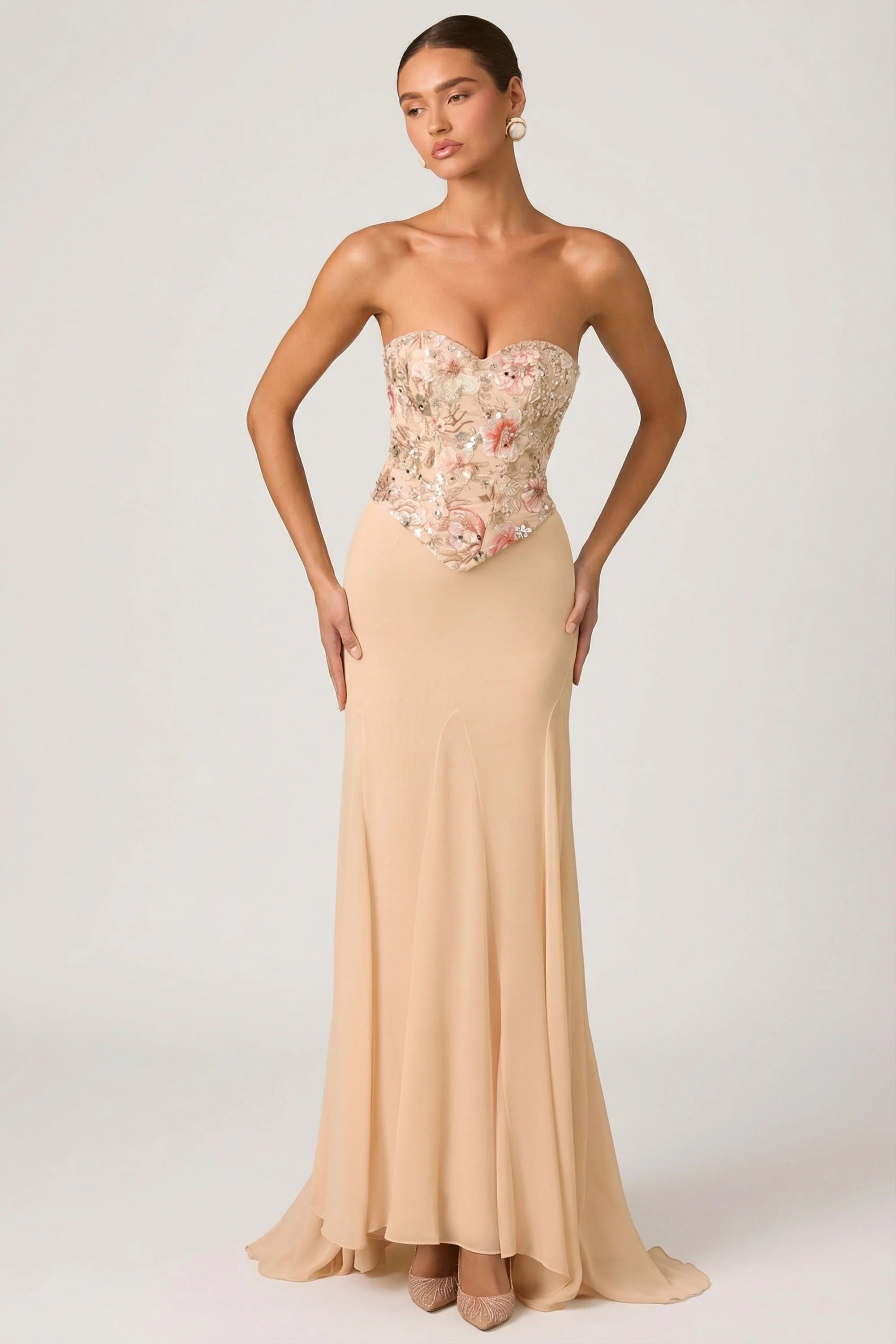 Embellished Corset Fishtail Gown in Floral Beige