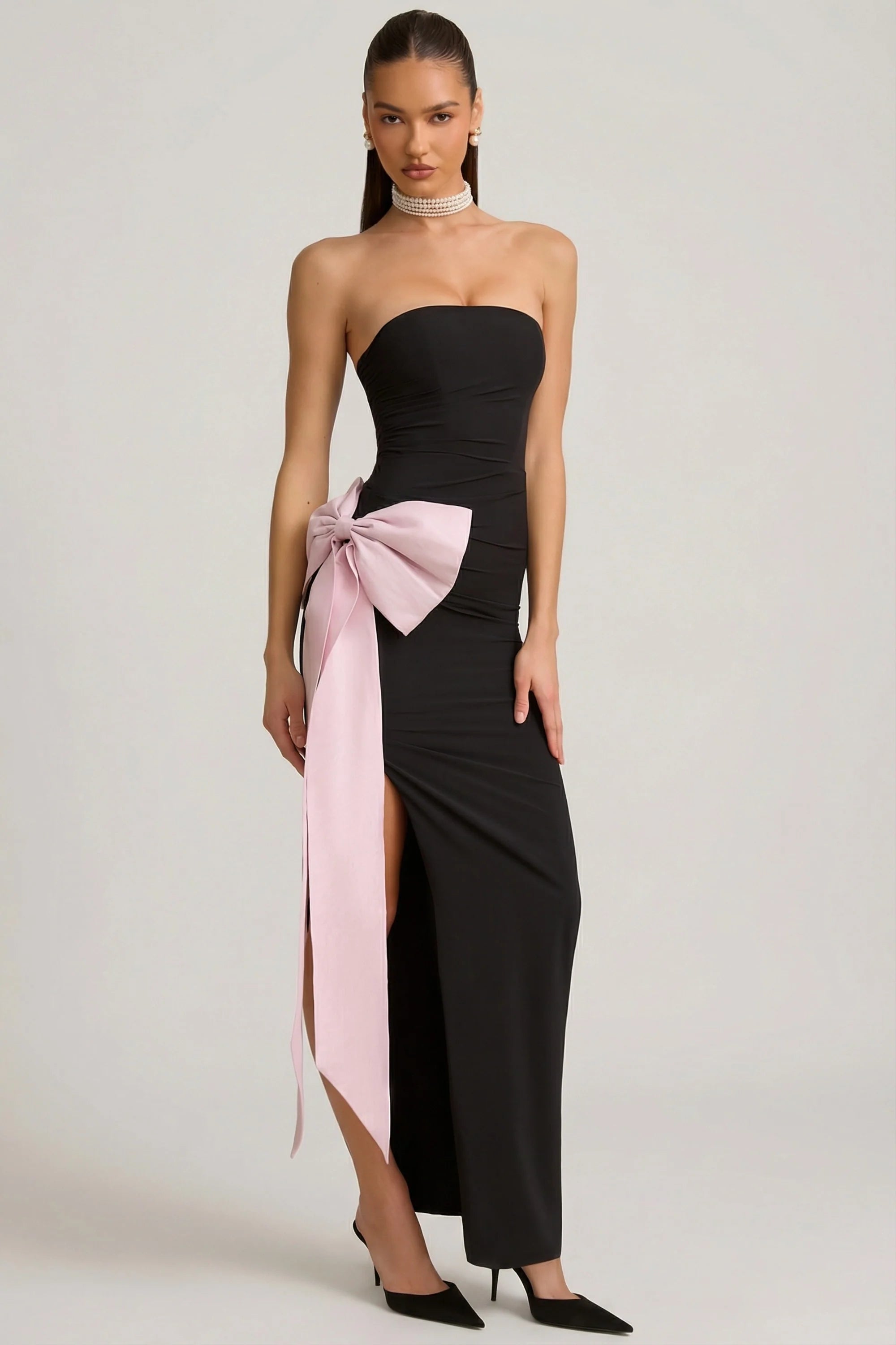 Strapless Bow Detail Maxi Dress in Black
