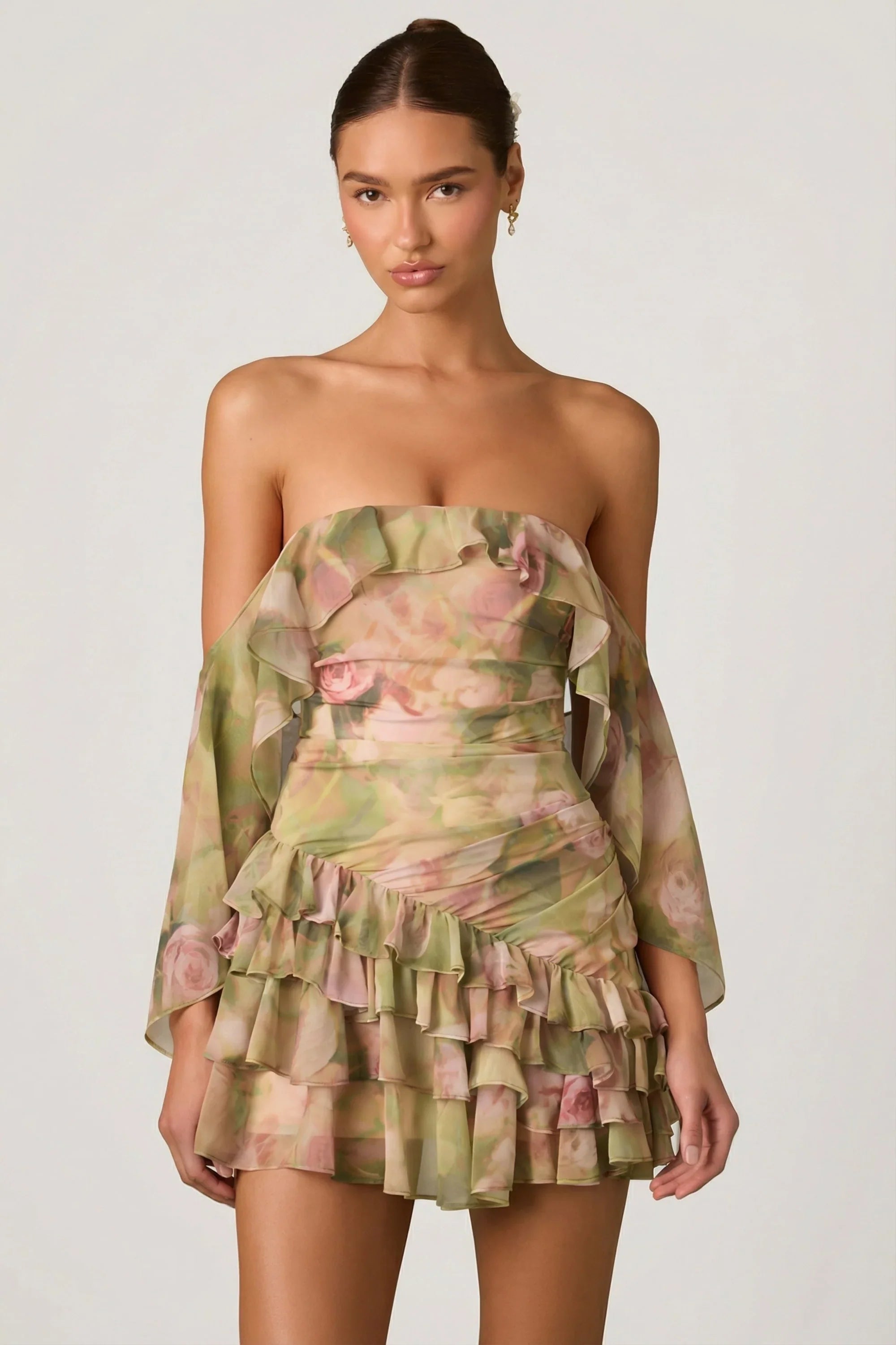 Off Shoulder Ruffled Mini Dress in Floral Multi Print