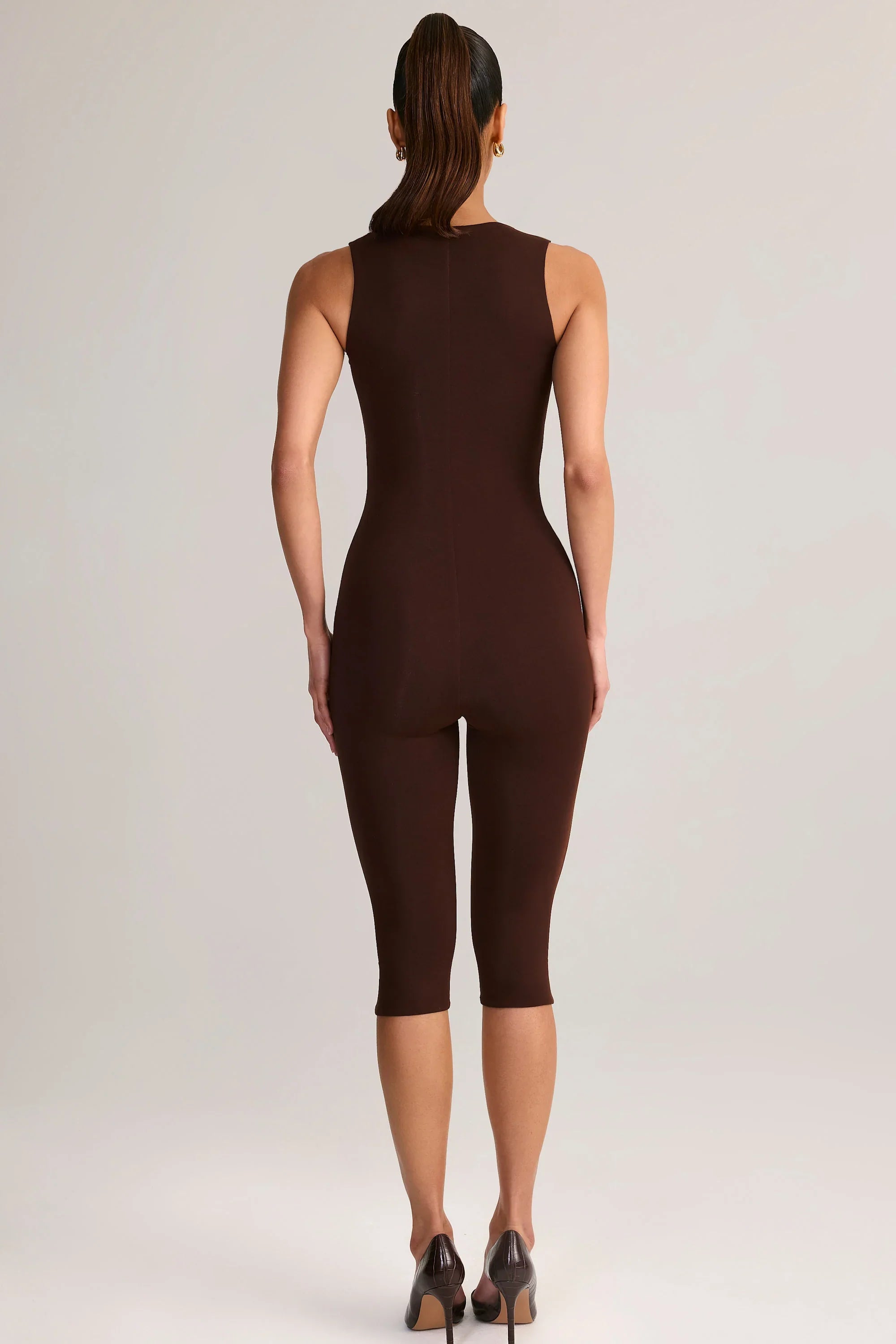 Modal Square Neck Bodycon Capri Jumpsuit in Chocolate Brown