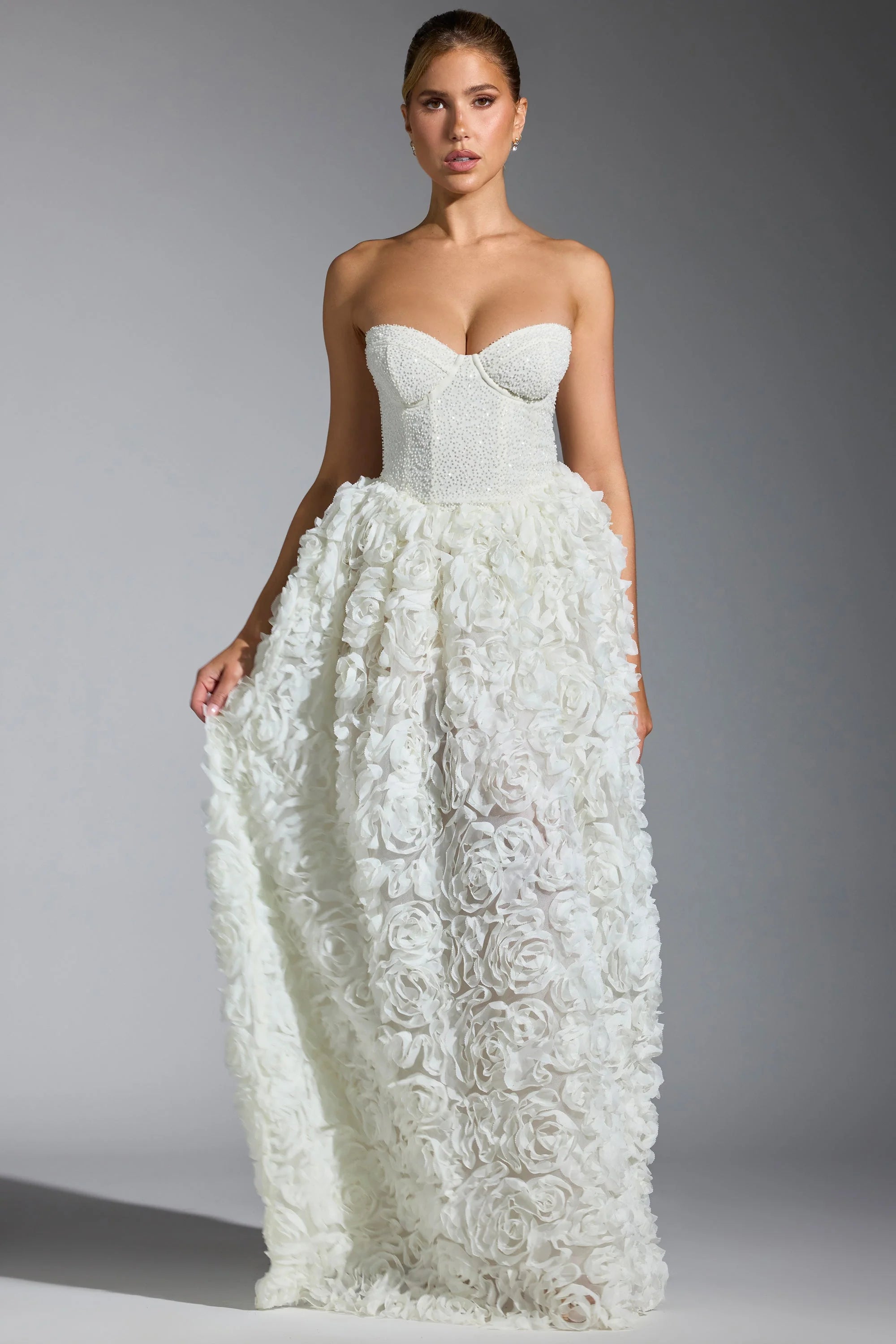 Embellished Floral Appliqué Corset Gown in White
