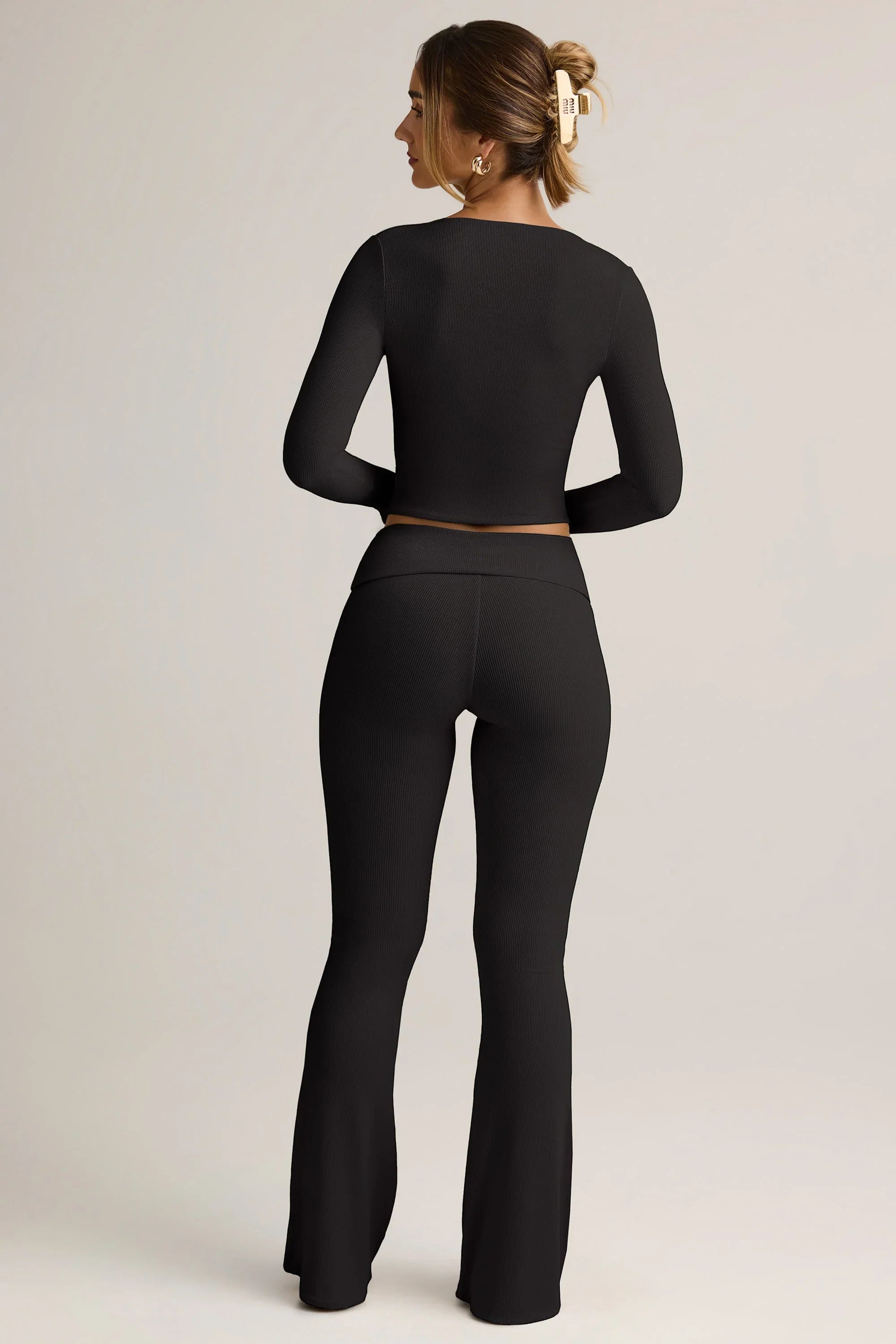 Modal Ribbed Foldover Flared Trousers in Black