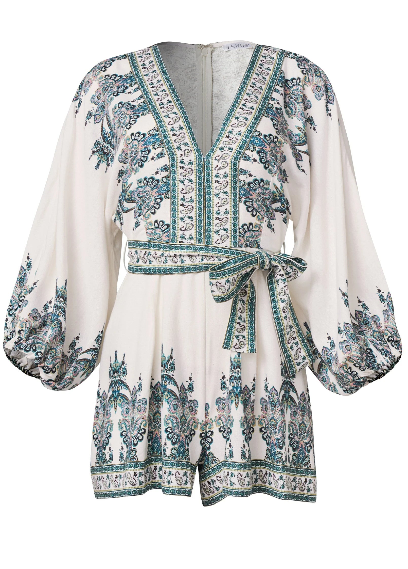 Paisley Print Linen Romper White Multi