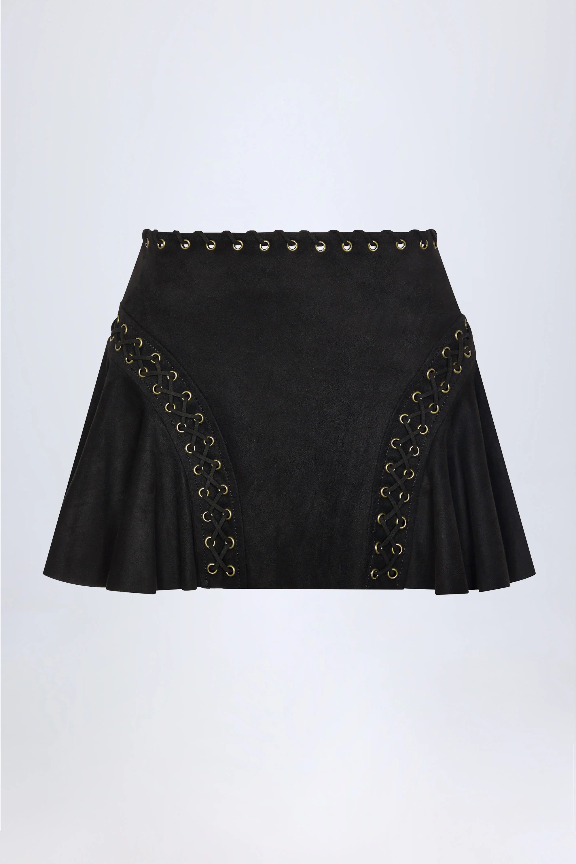Lace Up Mid Rise Mini Skirt in Black