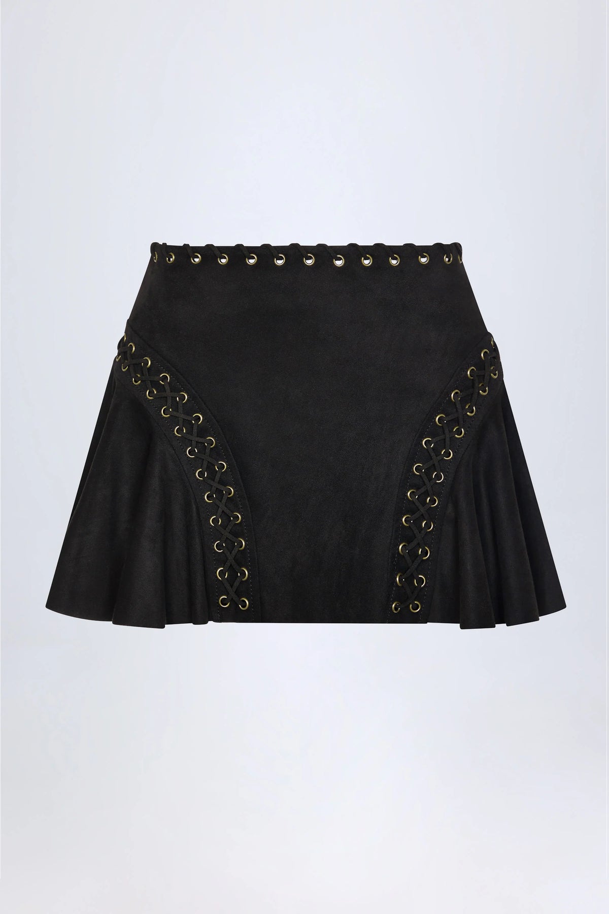 Lace Up Mid Rise Mini Skirt in Black