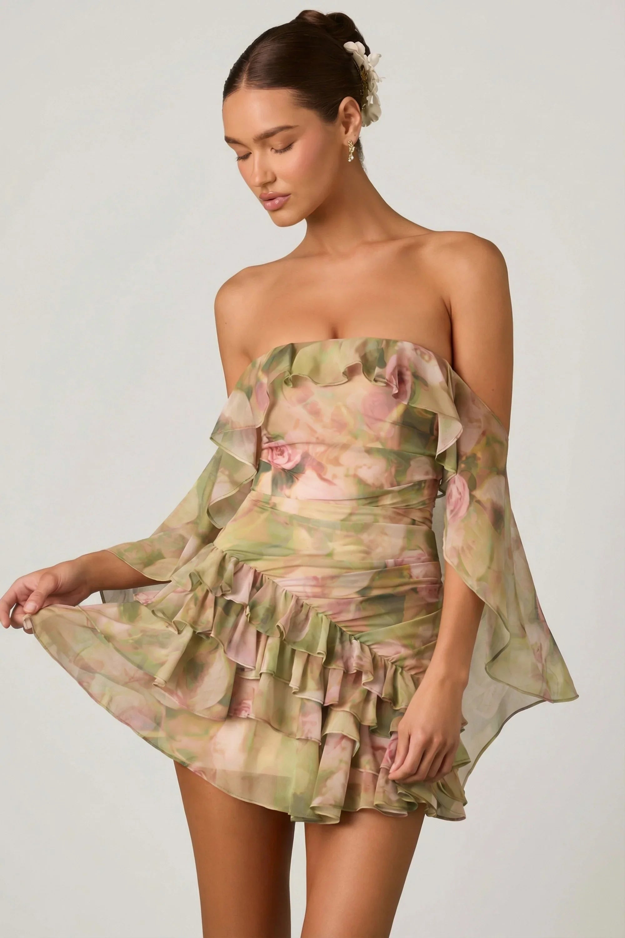 Off Shoulder Ruffled Mini Dress in Floral Multi Print