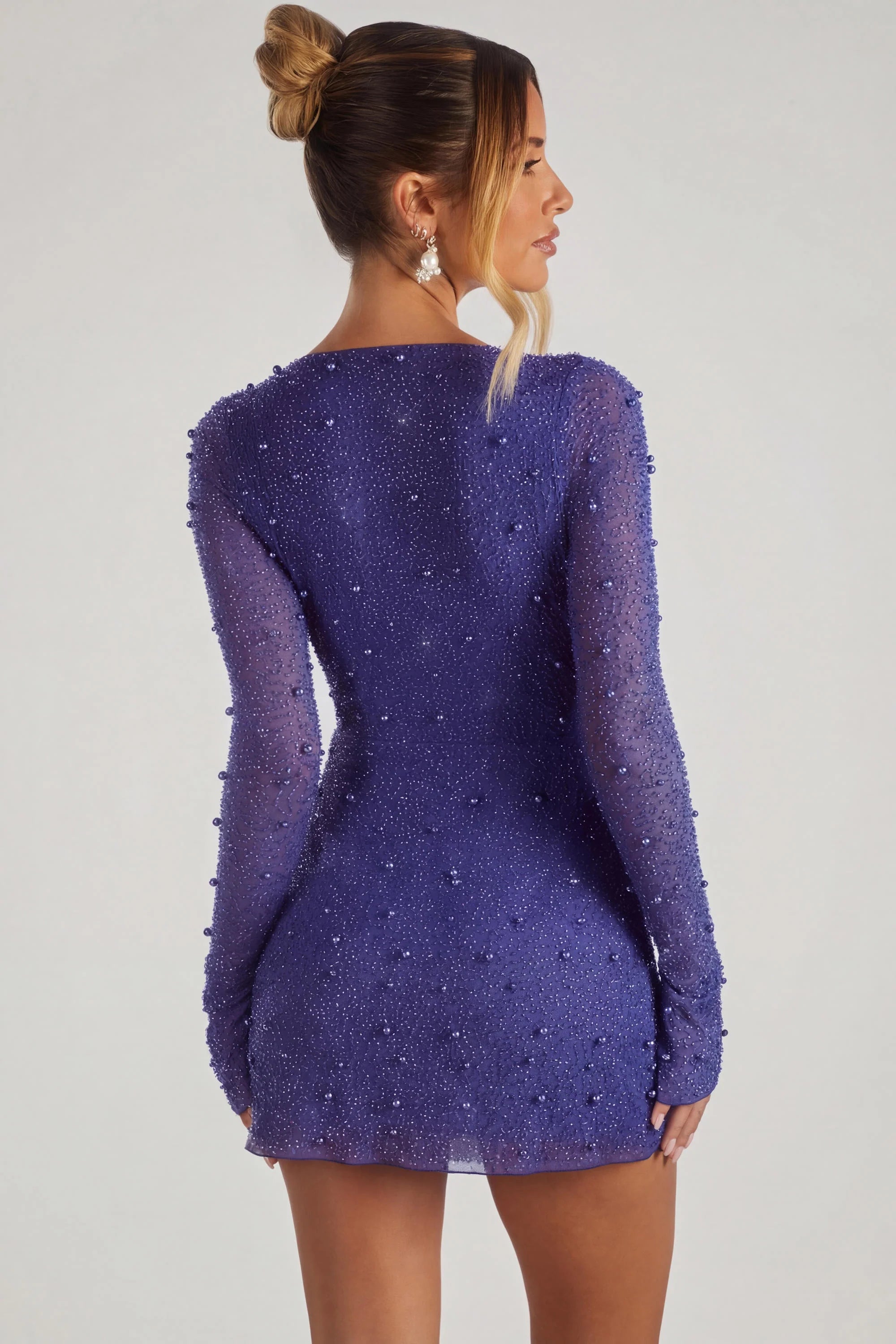 Embellished Wrap Over A Line Mini Dress in Dark Blue