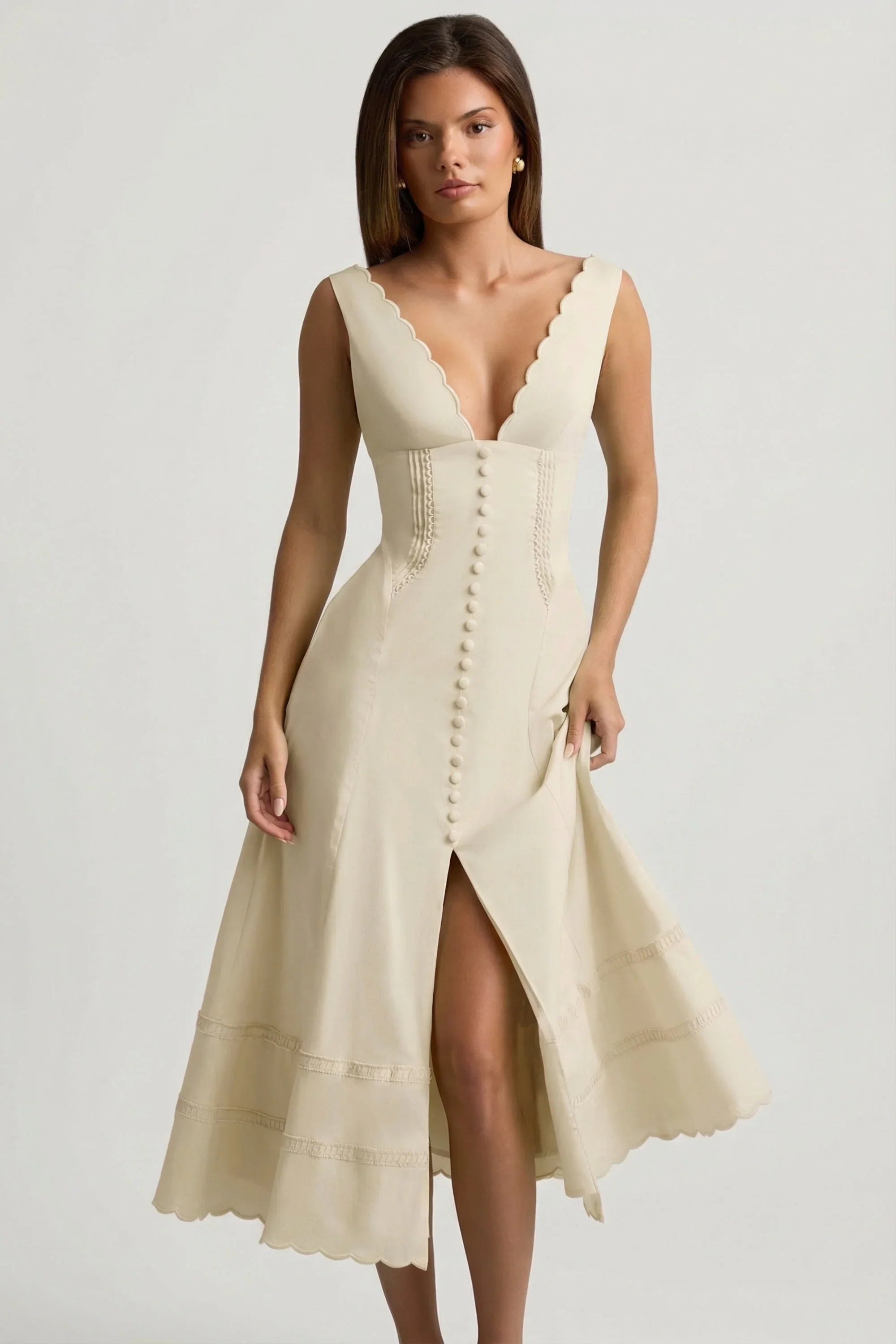 Cotton Poplin A Line Midaxi Dress in Ivory