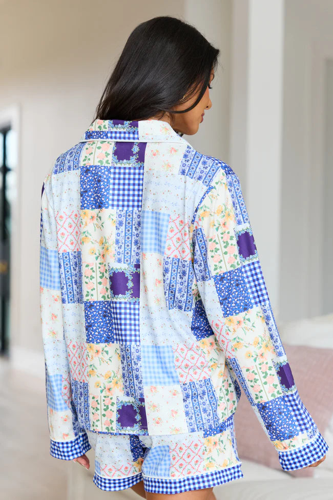 Cozy Crush Long Sleeve Pajama Top Patchwork Pop Blue