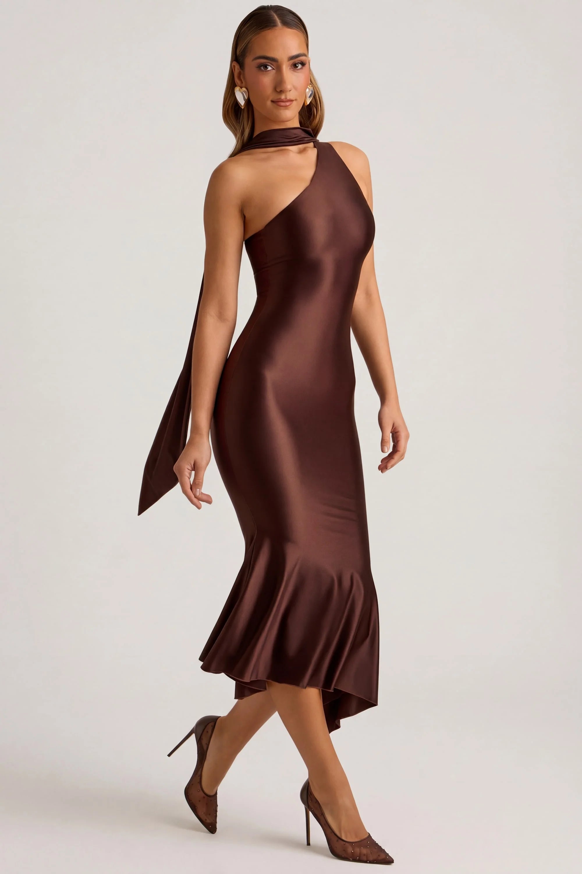 Asymmetric Scarf Detail Midaxi Dress in Chocolate Brown