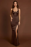 Scoop Neck Lace up Back Maxi Dress in Chocolate Brown