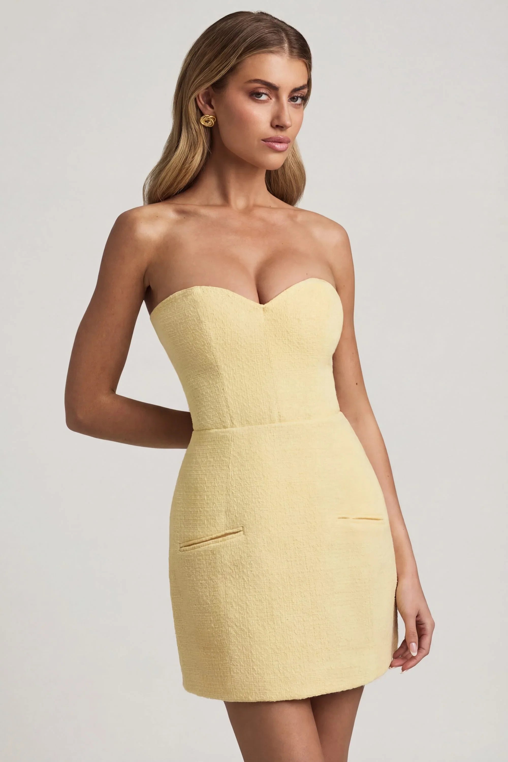 Sweetheart Neck Strapless Structured Mini Dress in Pastel Yellow