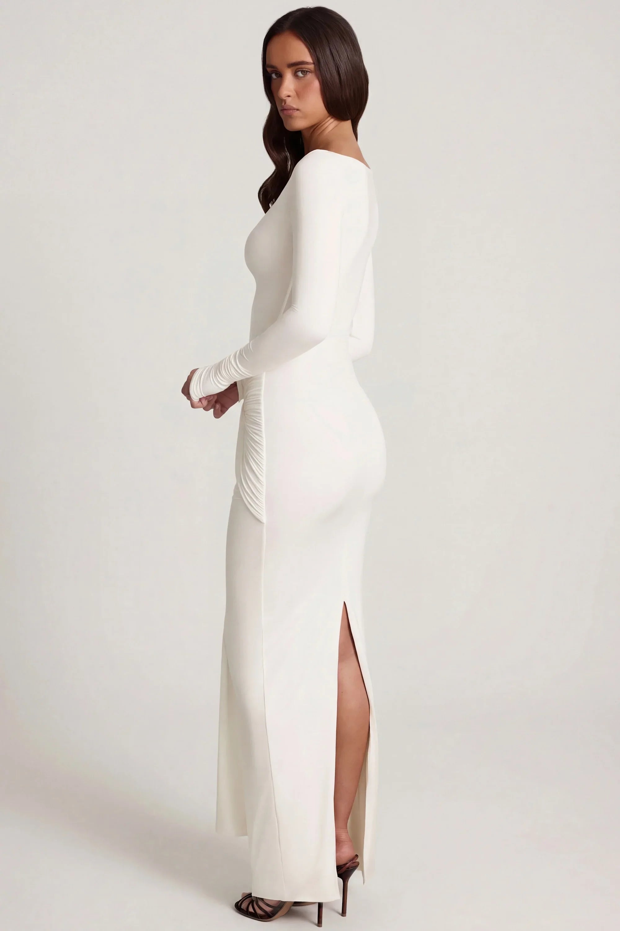 Soft Jersey Boat Neck Tie Gather Maxi Dress in White