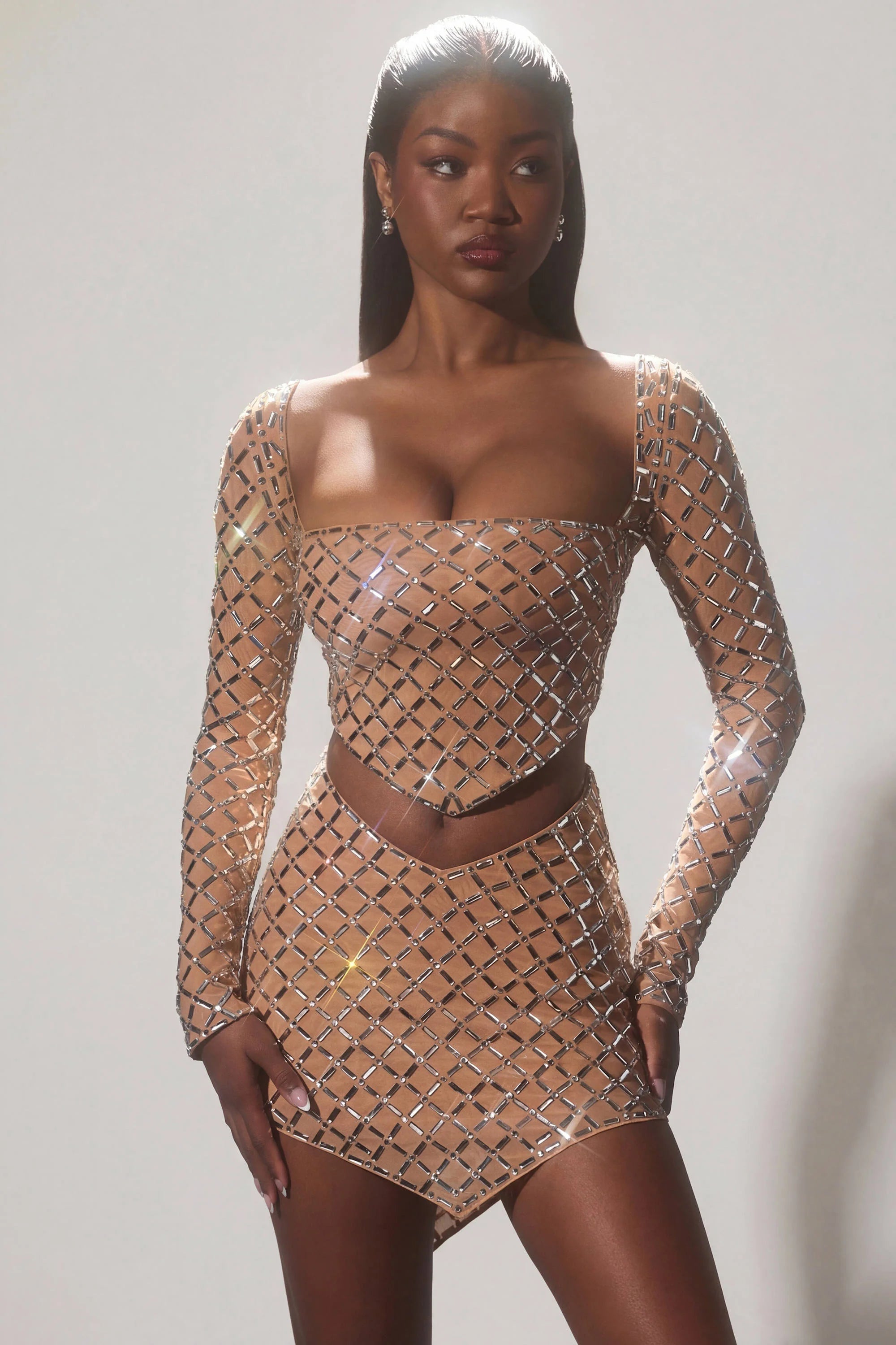 Embellished Asymmetric Crop Top in Almond