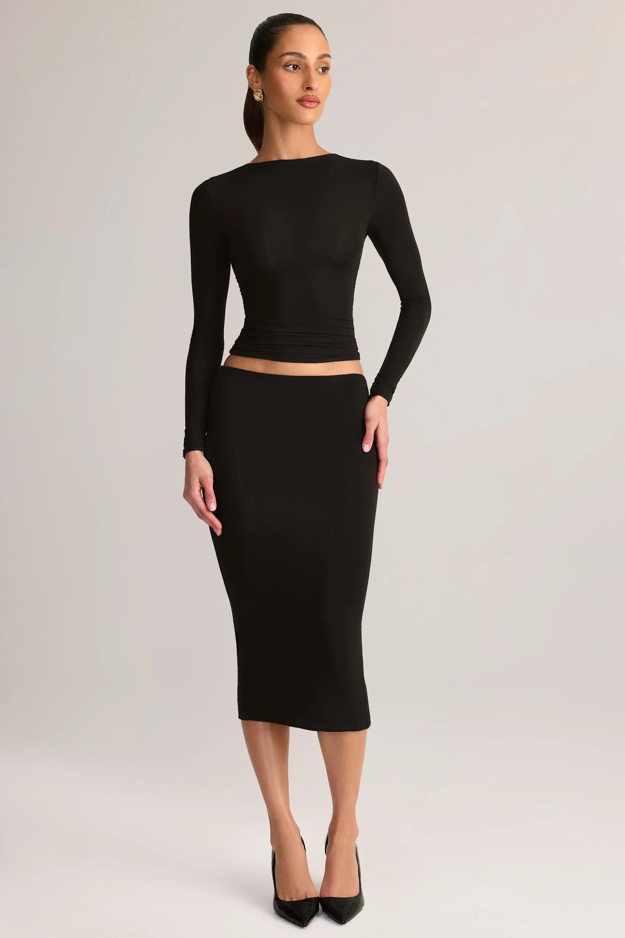 Modal Mid Rise Pencil Midi Skirt in Black