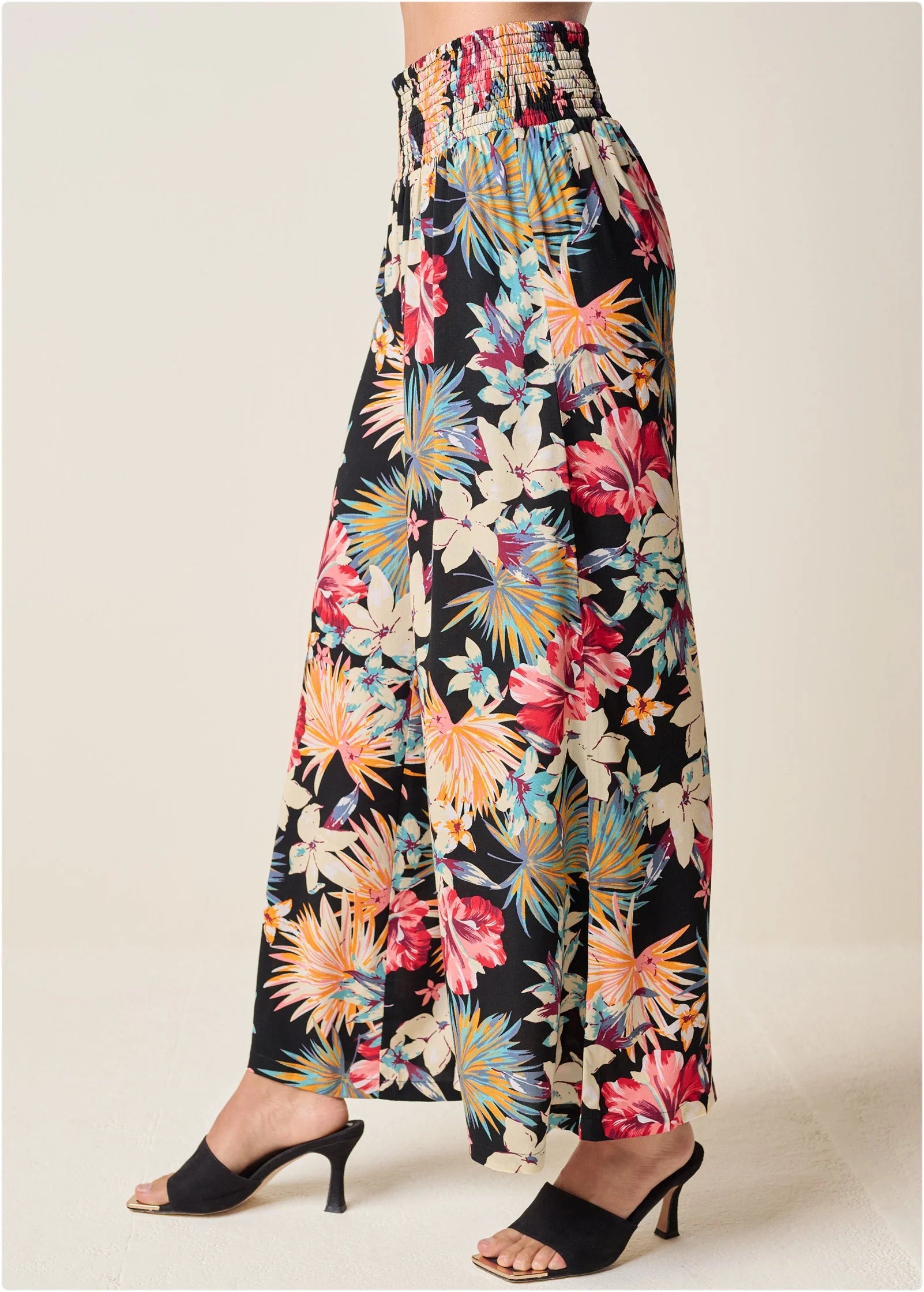 Smocked Waist Flared Pants Black Multi