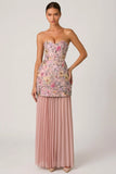 Embellished Convertible Lace Up Gown in Floral Pink
