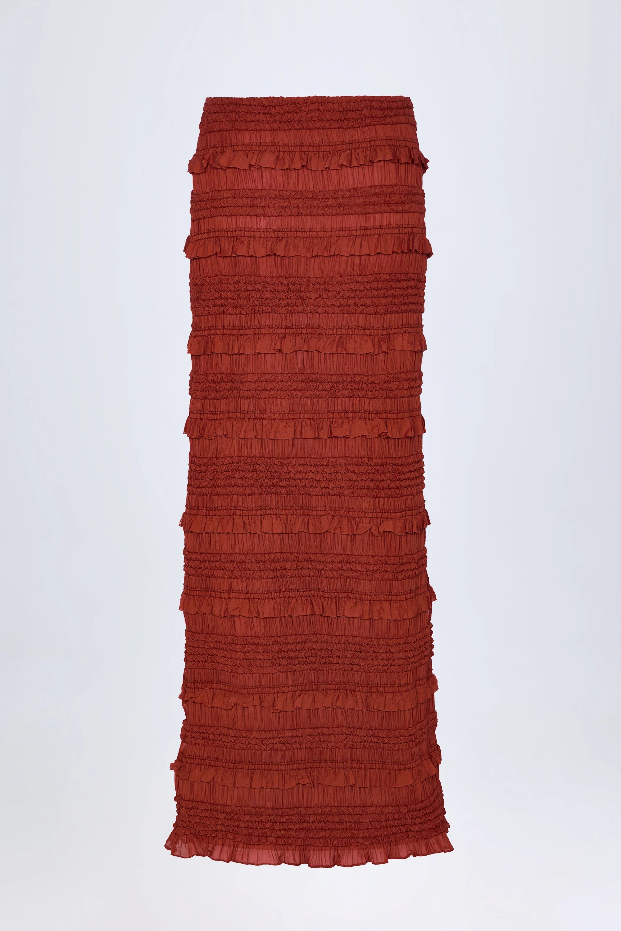 Ruffled Mid Rise Maxi Skirt in Burnt Red