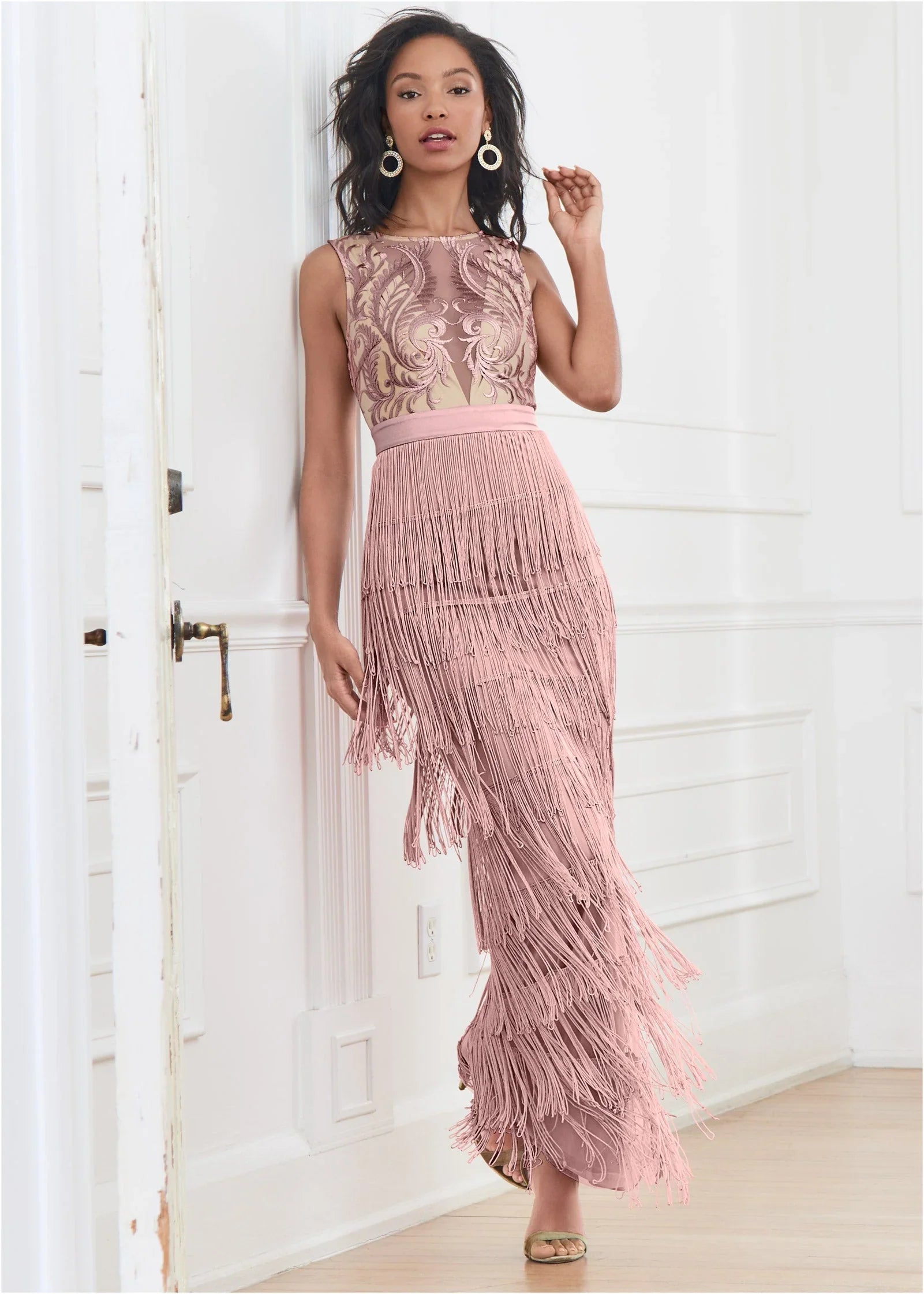 Embroidered Fringe Long Dress Tan