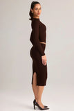Modal Mid Rise Pencil Midi Skirt in Chocolate Brown