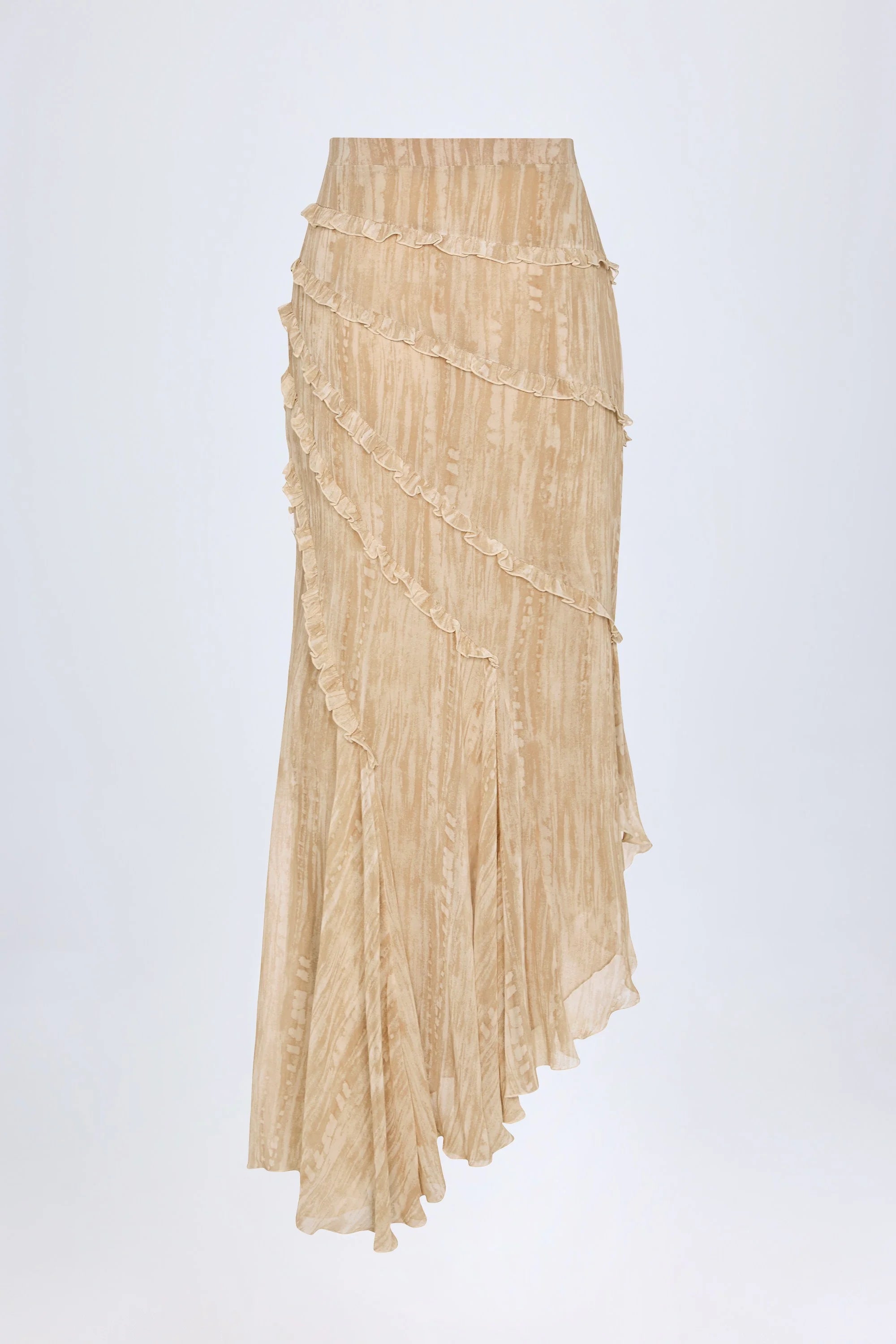 Ruffled Asymmetric Mid Rise Maxi Skirt in Tan Print