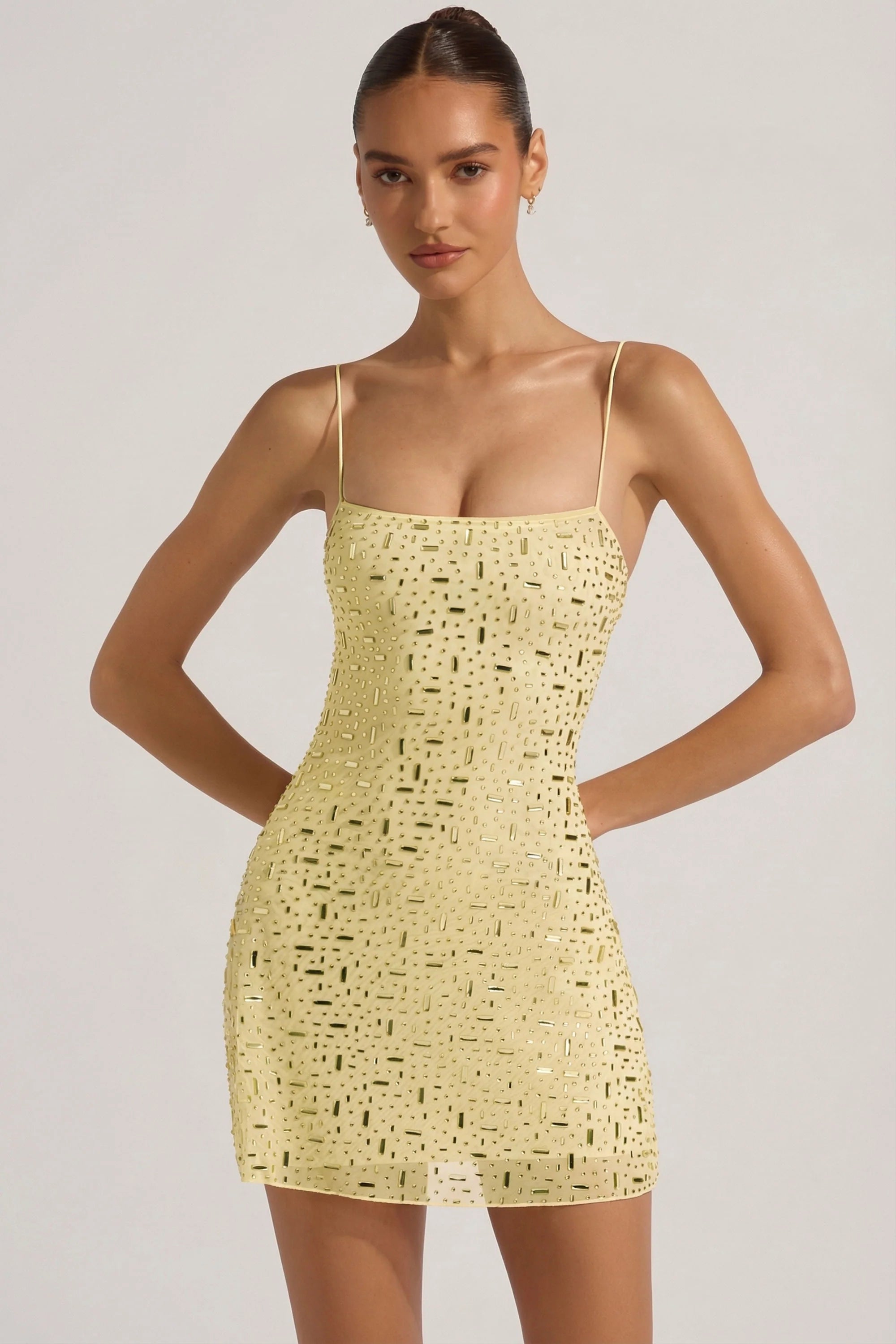 Sheer Embellished Square Neck Mini Dress in Yellow
