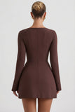 Square Neck Structured Tulip Mini Dress in Chocolate Brown