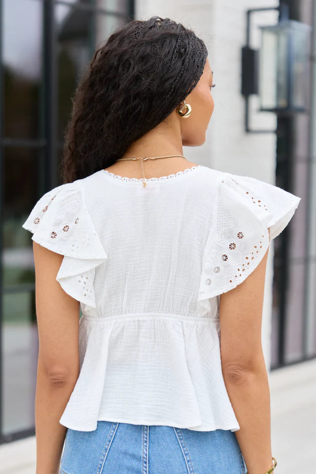 Lois White Gauze Flutter Sleeve Top