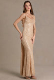 Embellished Open Back Maxi Dress in Gold