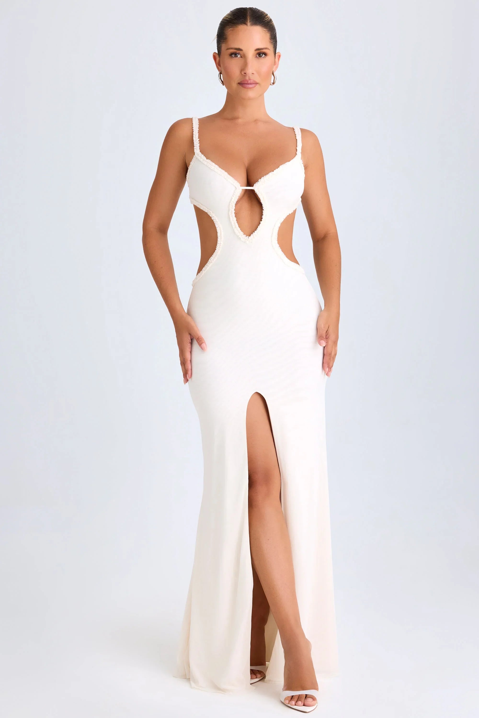 Ruffle Appliqué Cut Out Maxi Dress in White