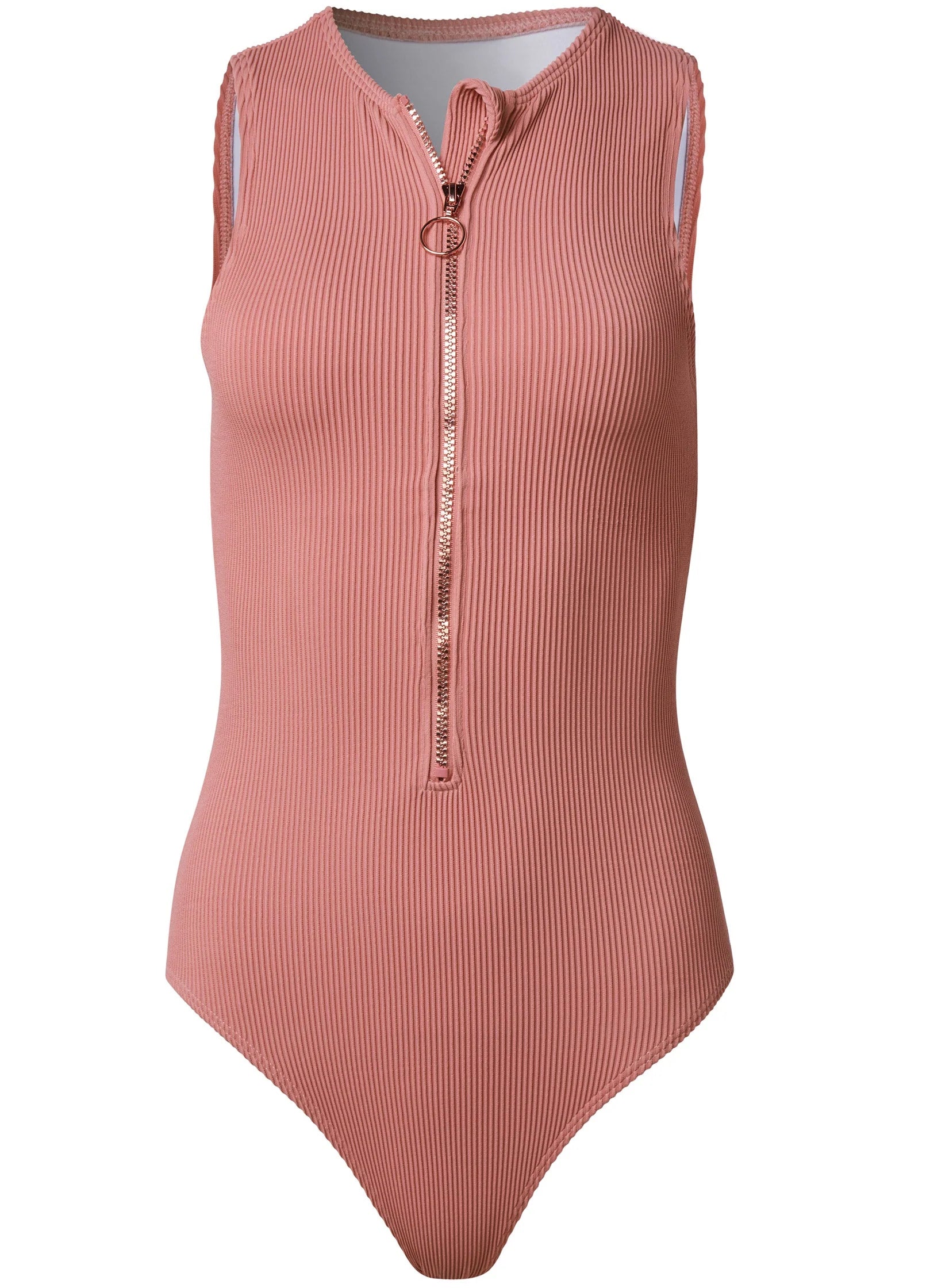 Zip Front Ribbed One Piece Pink Rosette
