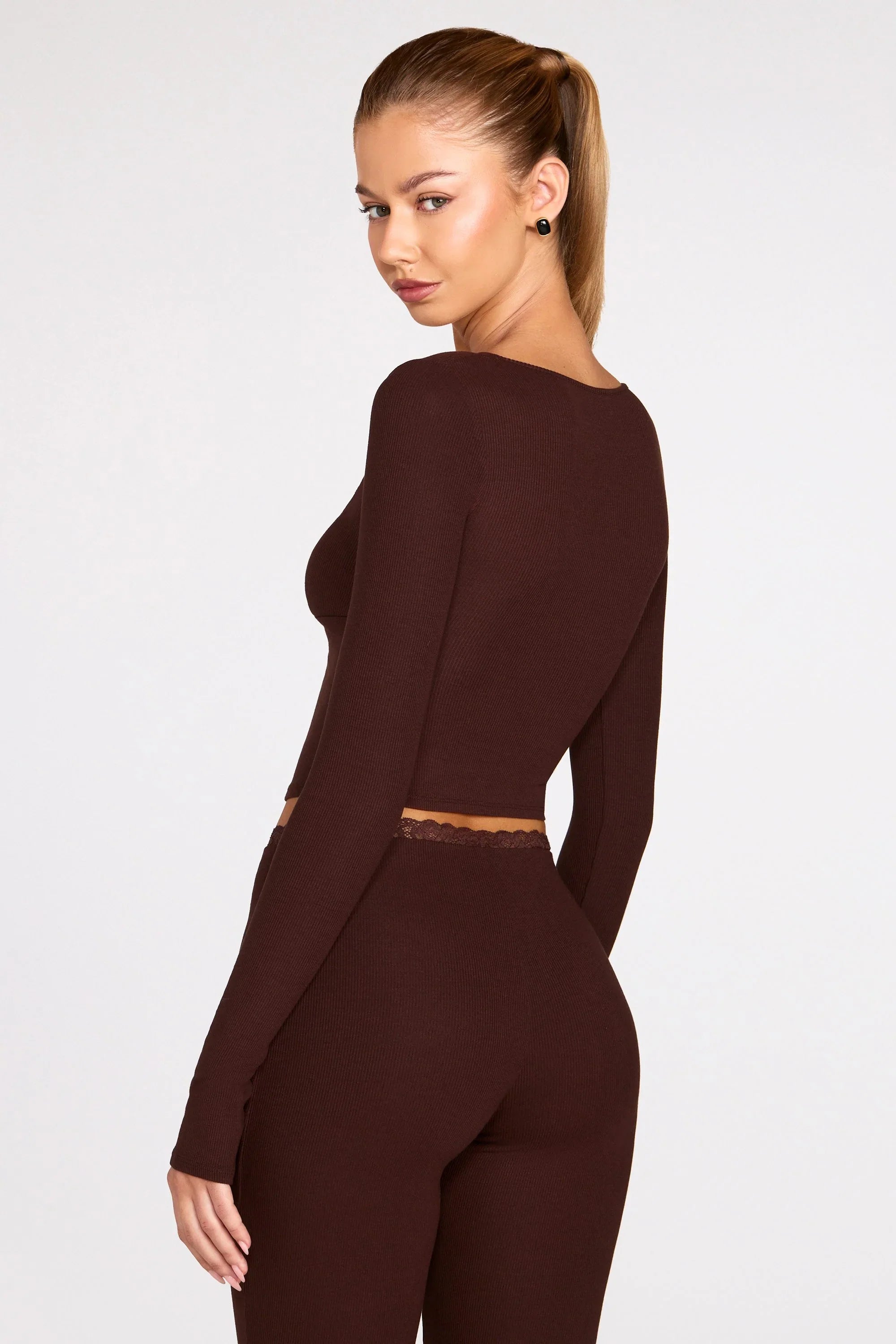 Ribbed Modal Long Sleeve Laced Bra Top in Chocolate Brown